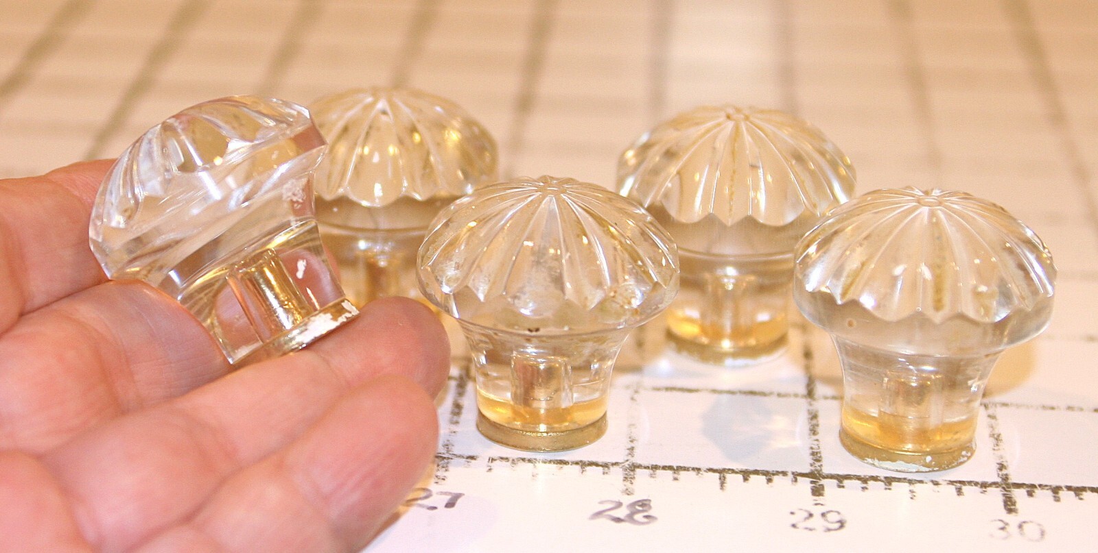 Set/5 Clear Glass Dresser Knobs 1.5” Tall 1.5 wide brass base