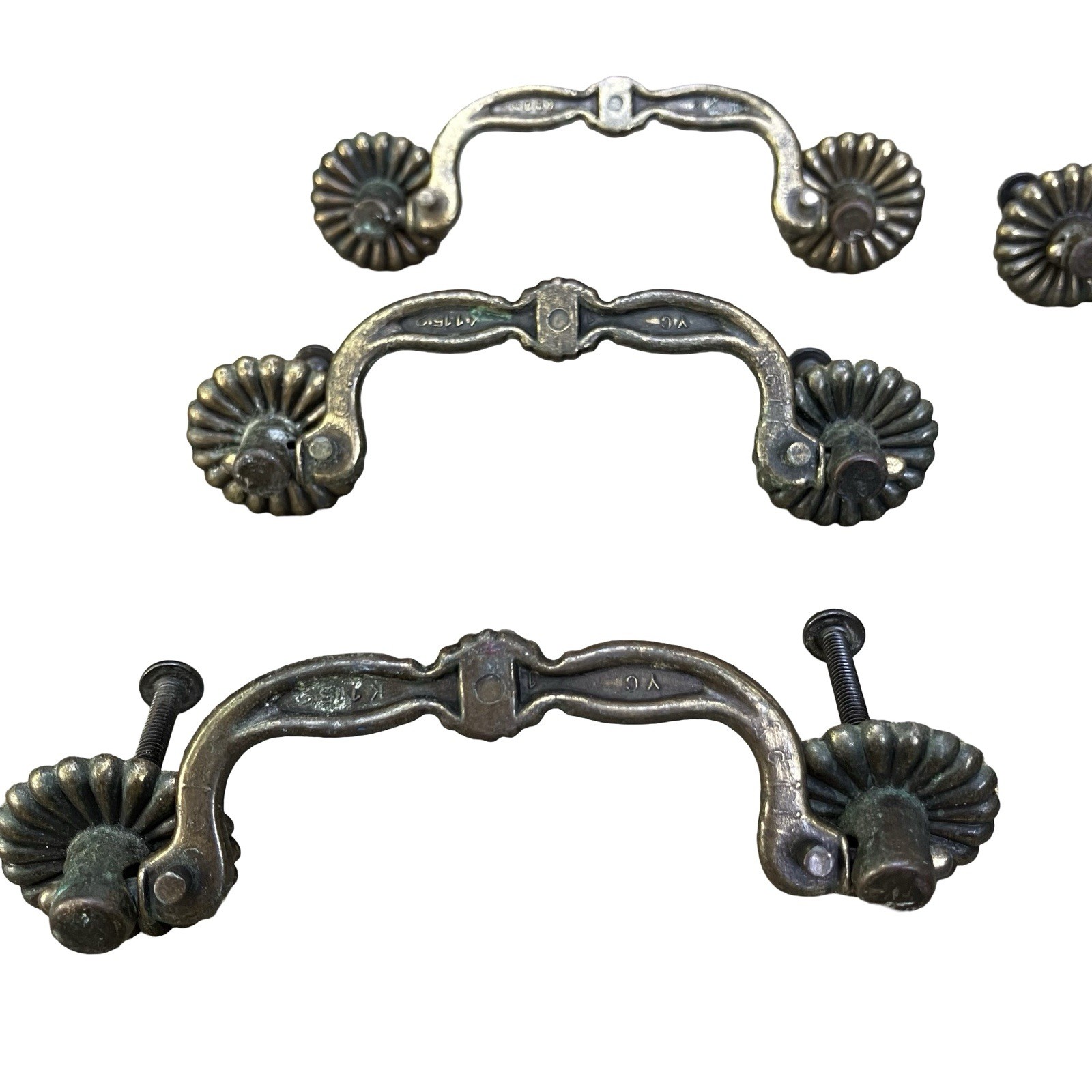 VTG YC Brass Bail Drop Drawer Pulls Rosette Set Of 6 Reclaimed Cabinet Handles