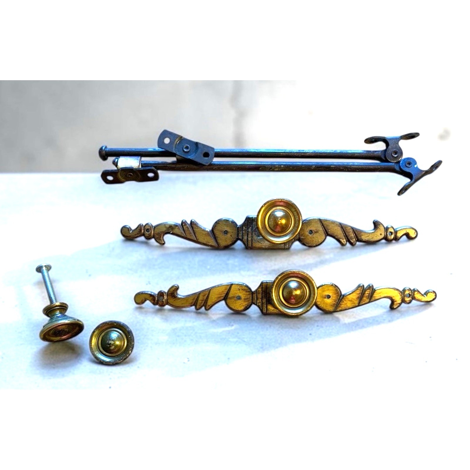 VTG Solid Brass Ornate Drawer Backplates, Steel Casement Window Stays Pins Knobs