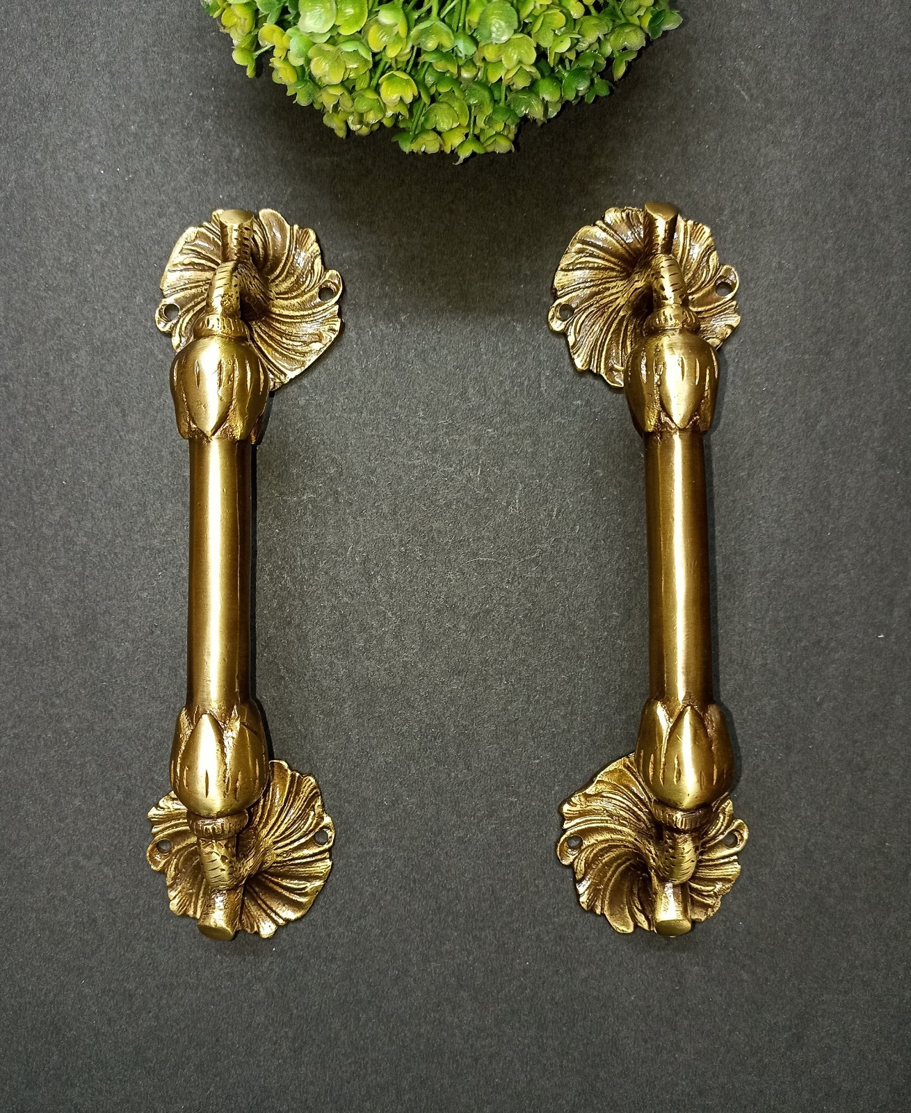 Lacquered Brass Flower Base Door Pull Floral with Twigs Design Handle Pair GTX