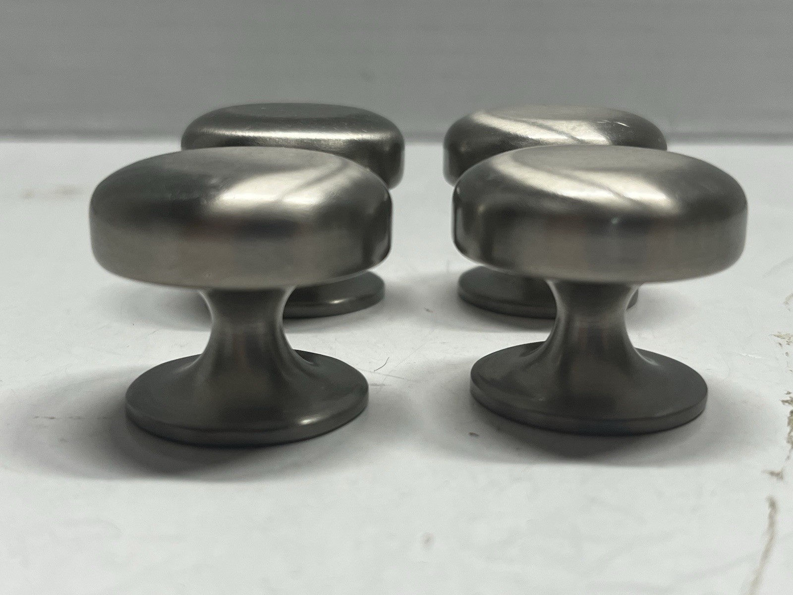 Vintage Lot (4) NOS Heavy Round Brushed Nickel Mushroom Drawer/Cabinet Knobs
