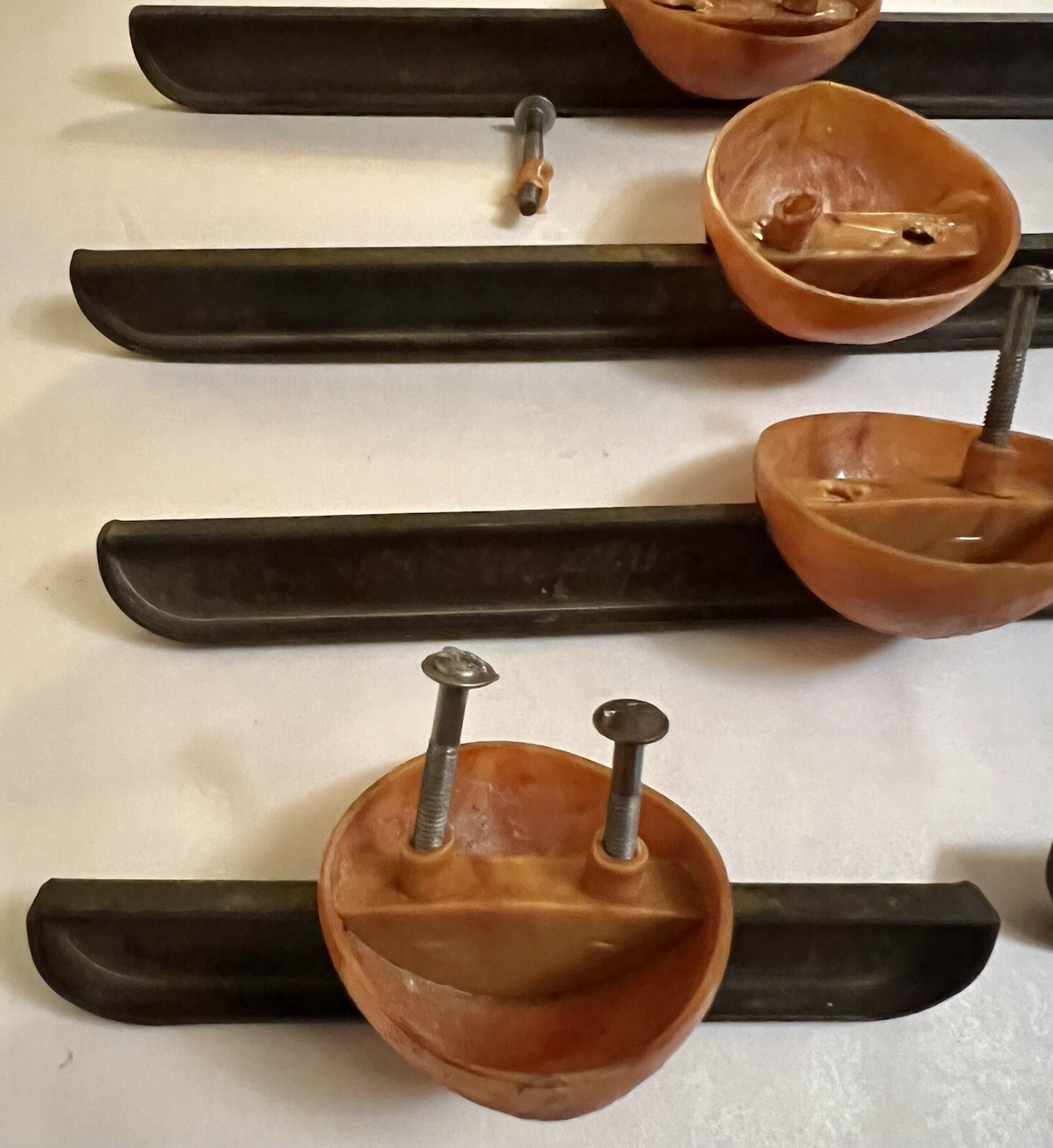 6 Rare Mid Century Modern/Retro Cabinet Drawer Pull Set, Copper And Bakelite?