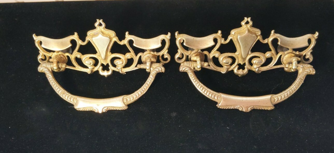 2 Antique Cast Brass Drawer Pulls Bails Traditional Ornate Design 3″ Centers