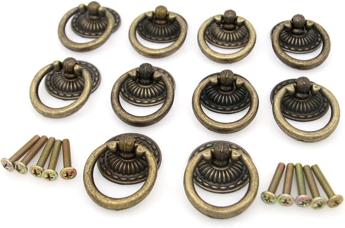 LXZ 10 Pcs Vintage Antique Brass Ring Pulls Handles for Cabinet Drawer