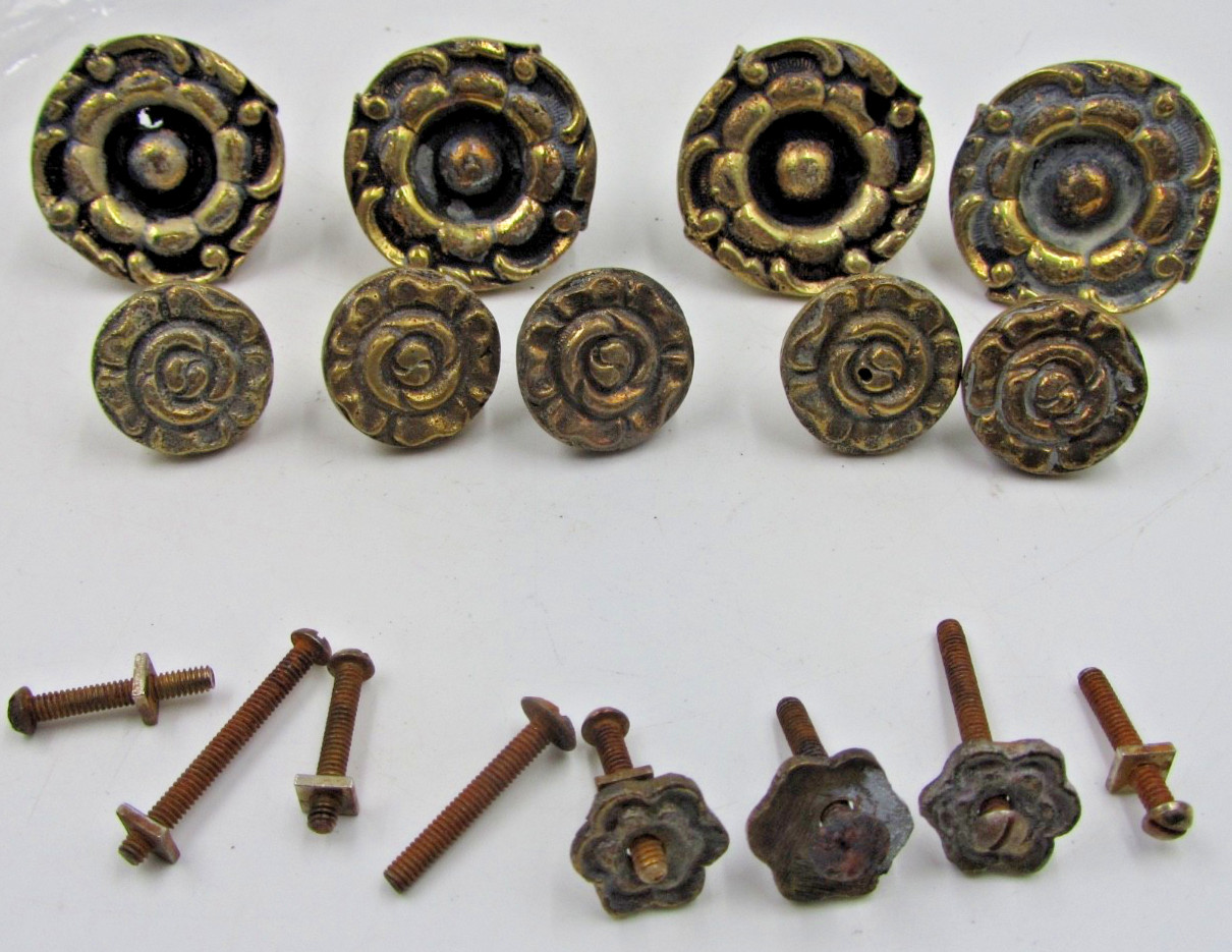 Vintage Antique Brass Drawer Knobs Round Raised Center Cabinet Pulls 4 Lg 5 Sm