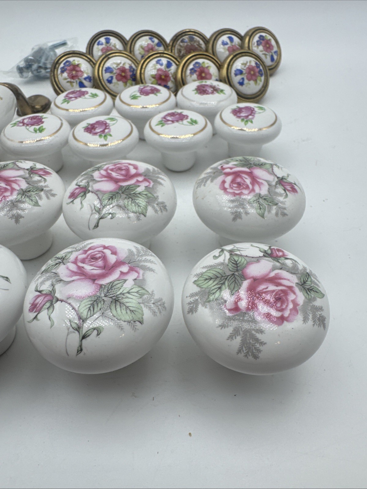 Vintage Floral Ceramic Drawer Knobs Pink Blue Flowers Lot of 25