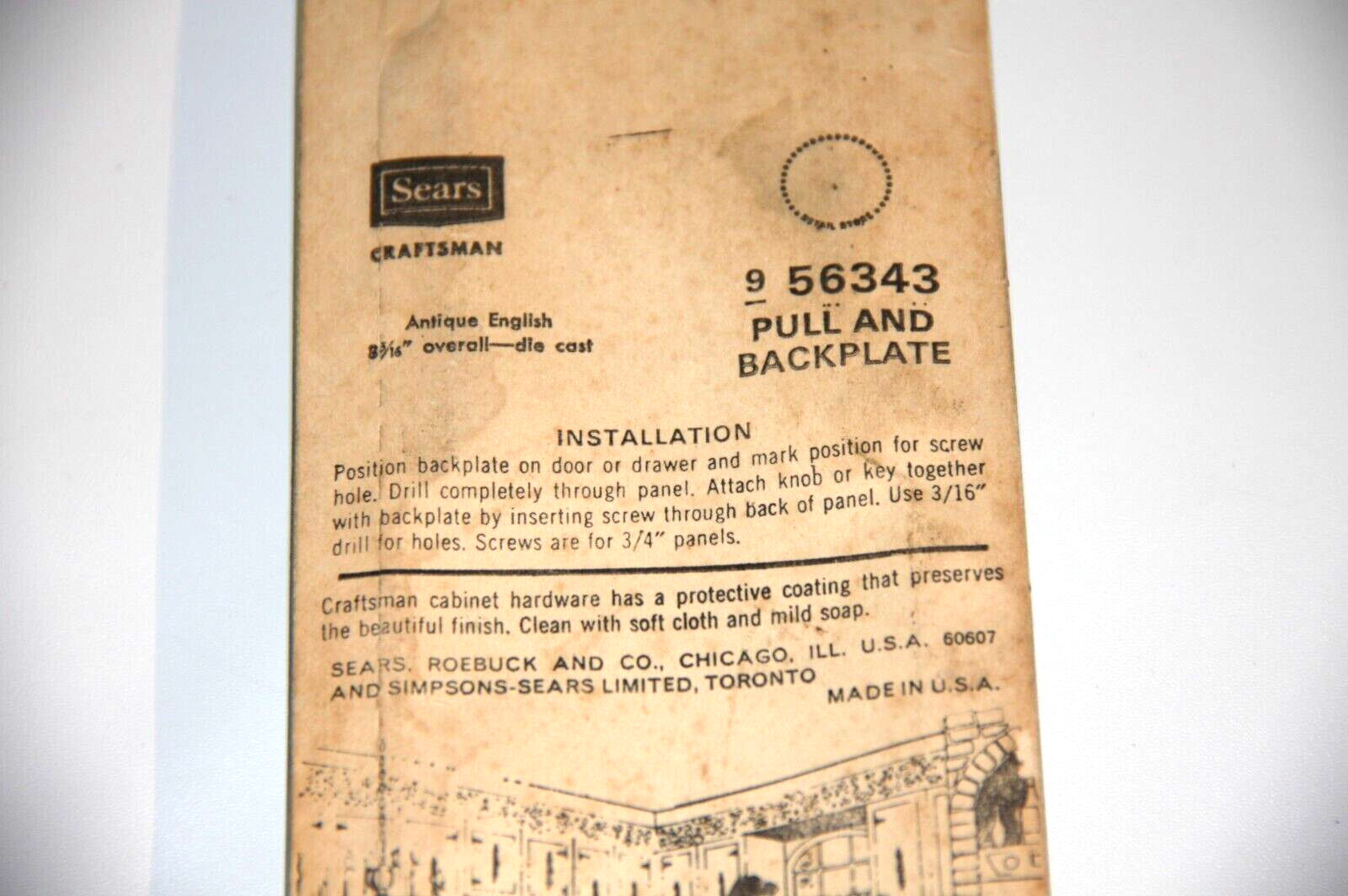 Sears Craftsman Antique English Cabinet Drawer Pull & Backplate 9-56343 NOS