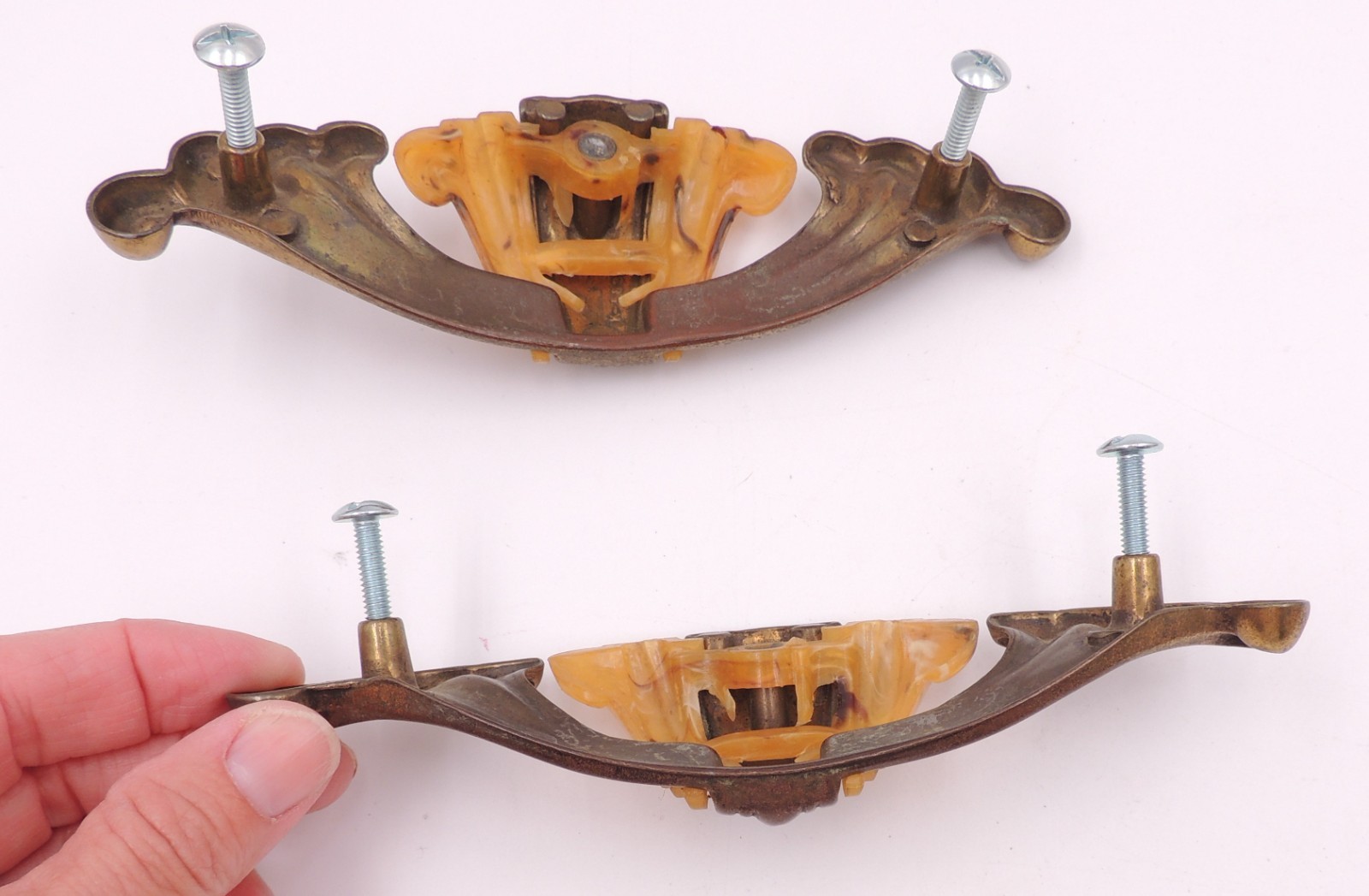 2 Art Deco Drawer Pull w/ Bakelite Vintage Knob Brasstone Waterfall Handle Set