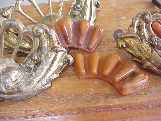 4 Vtg Brass Plated Celluloid or Bakelite Insert Drawer Pulls Dresser Handles