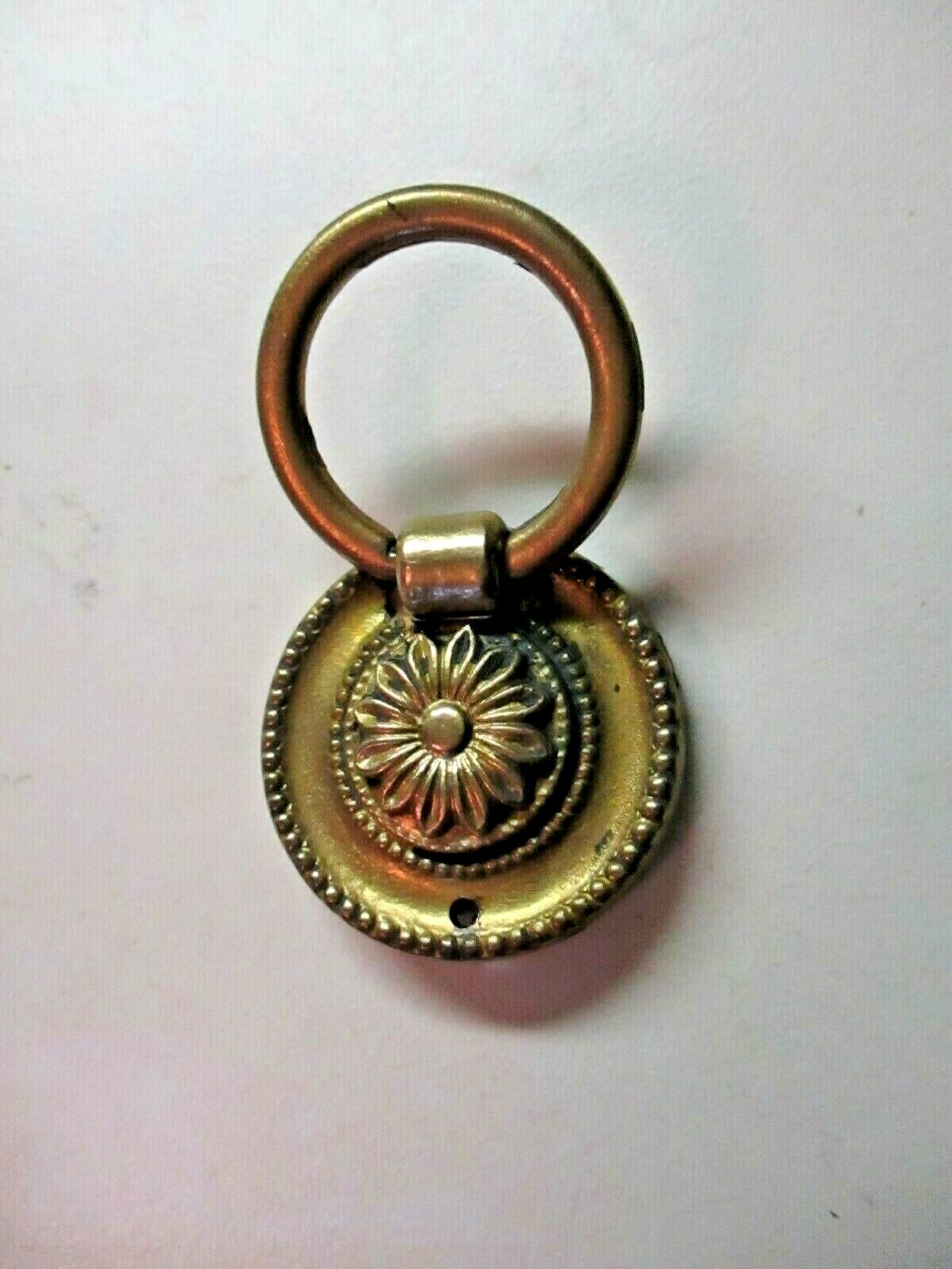 Solid Cast Brass 1850s Floral Drop Ring Pull Handle Flower 1-1/4″ Round Antique