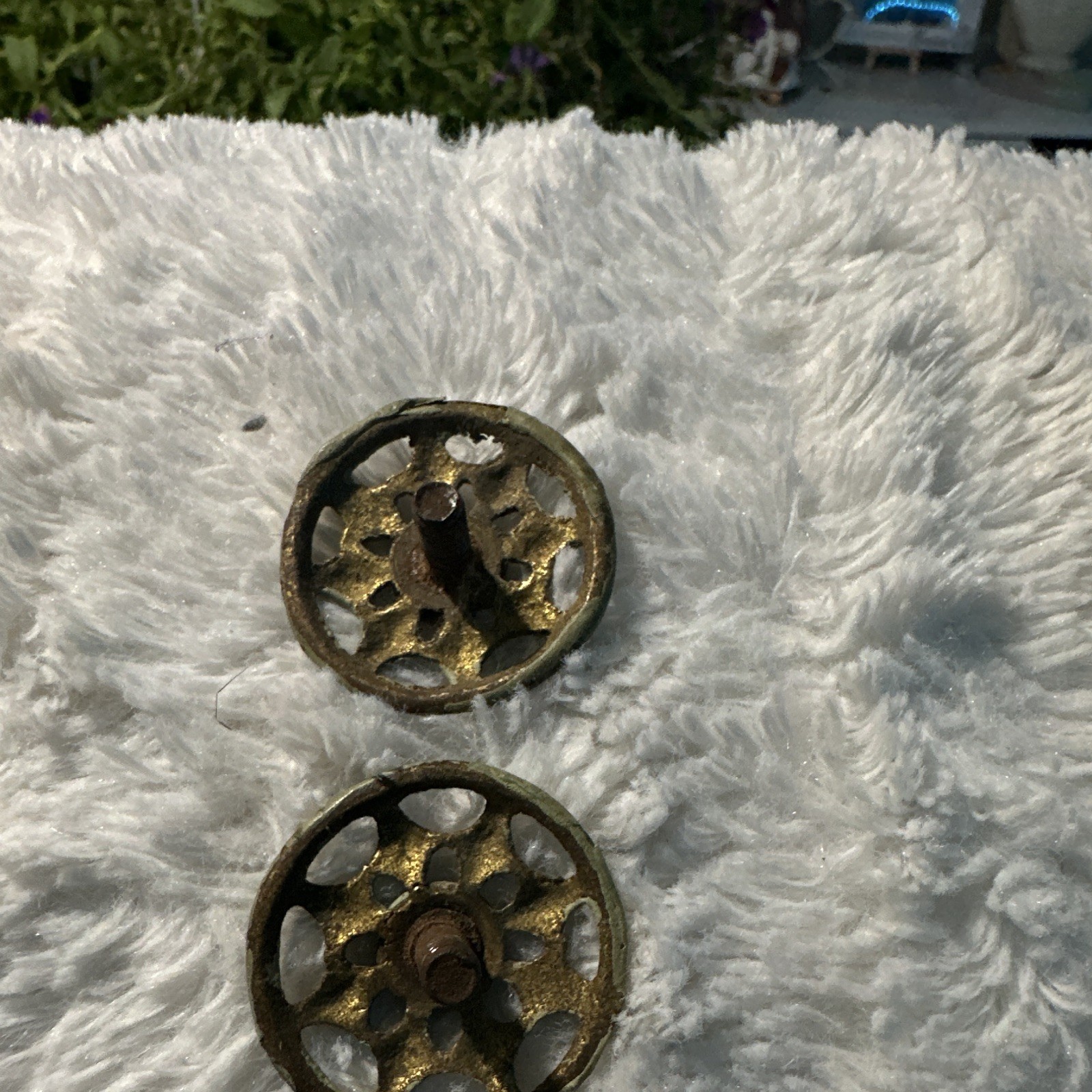Lot of 2 Floral Metal Drawer Pulls, Green Patina, Openwork Round Design