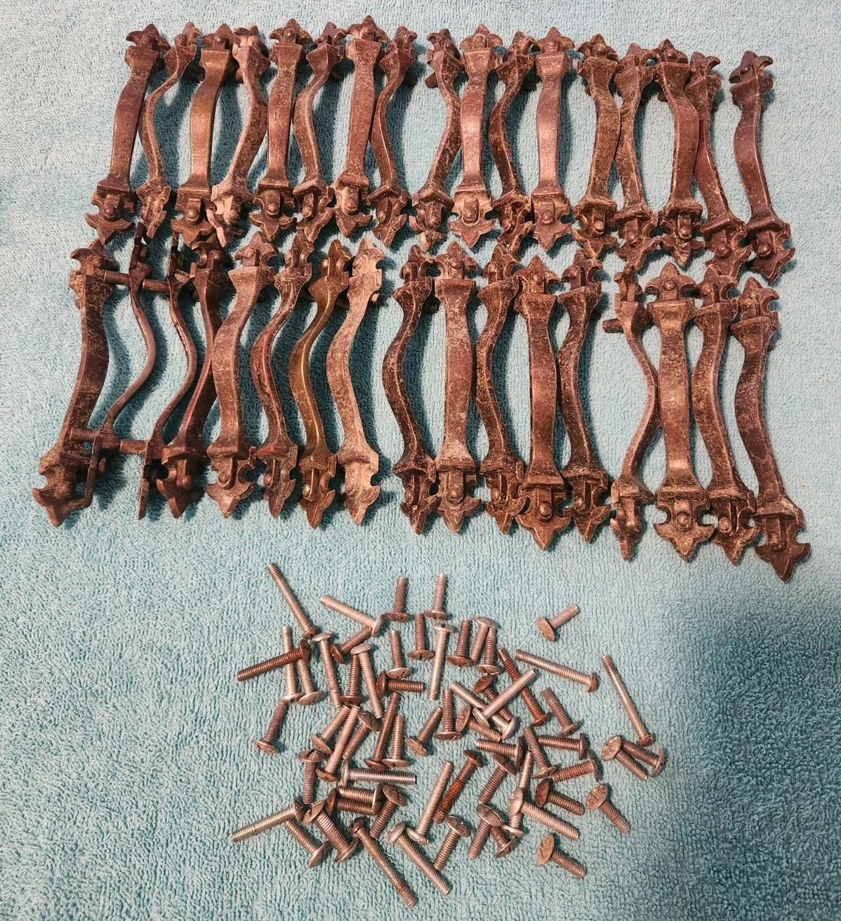 Lot of 34 Vintage Brass Droor Pulls W Some Hardware Patina Unique 5 1/2″