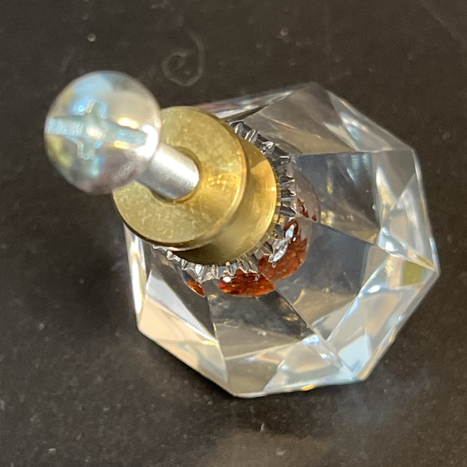 6 Vtg Clear & Amber Glass Diamond Cut Drawer Pulls Knobs 1.5″ Brass Hardware Lot
