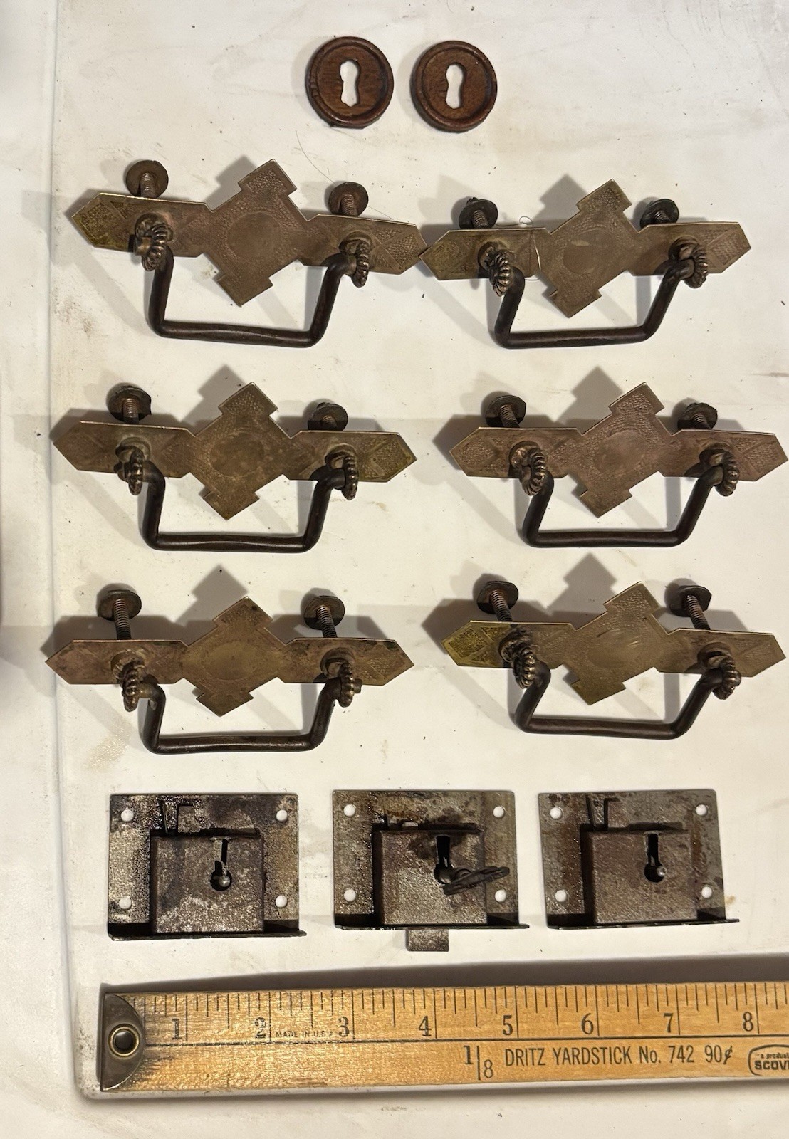 Eastlake Brass Bureau Complete Handle Set (6), Drawer Locks w/Original Key