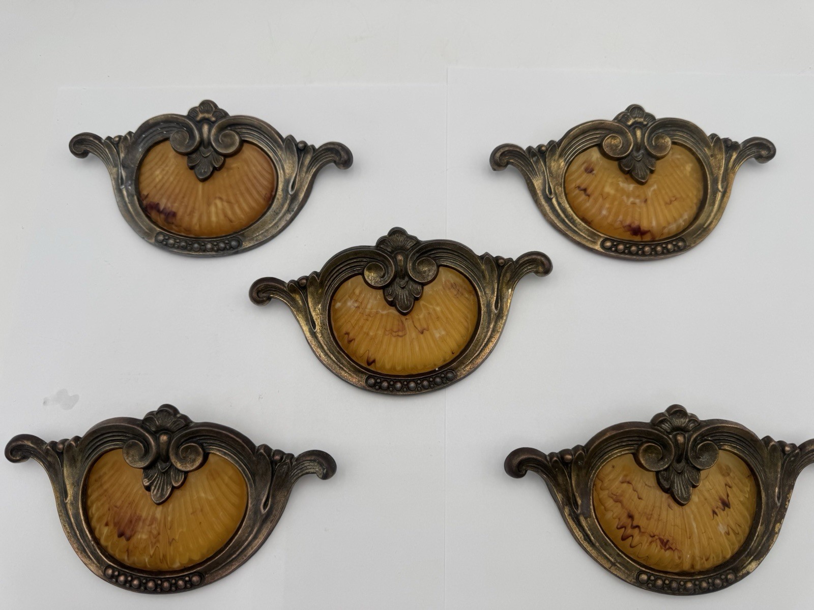 5 Antique Keeler Brass Waterfall Shell Handle Bakelite Dresser Pulls Beautiful
