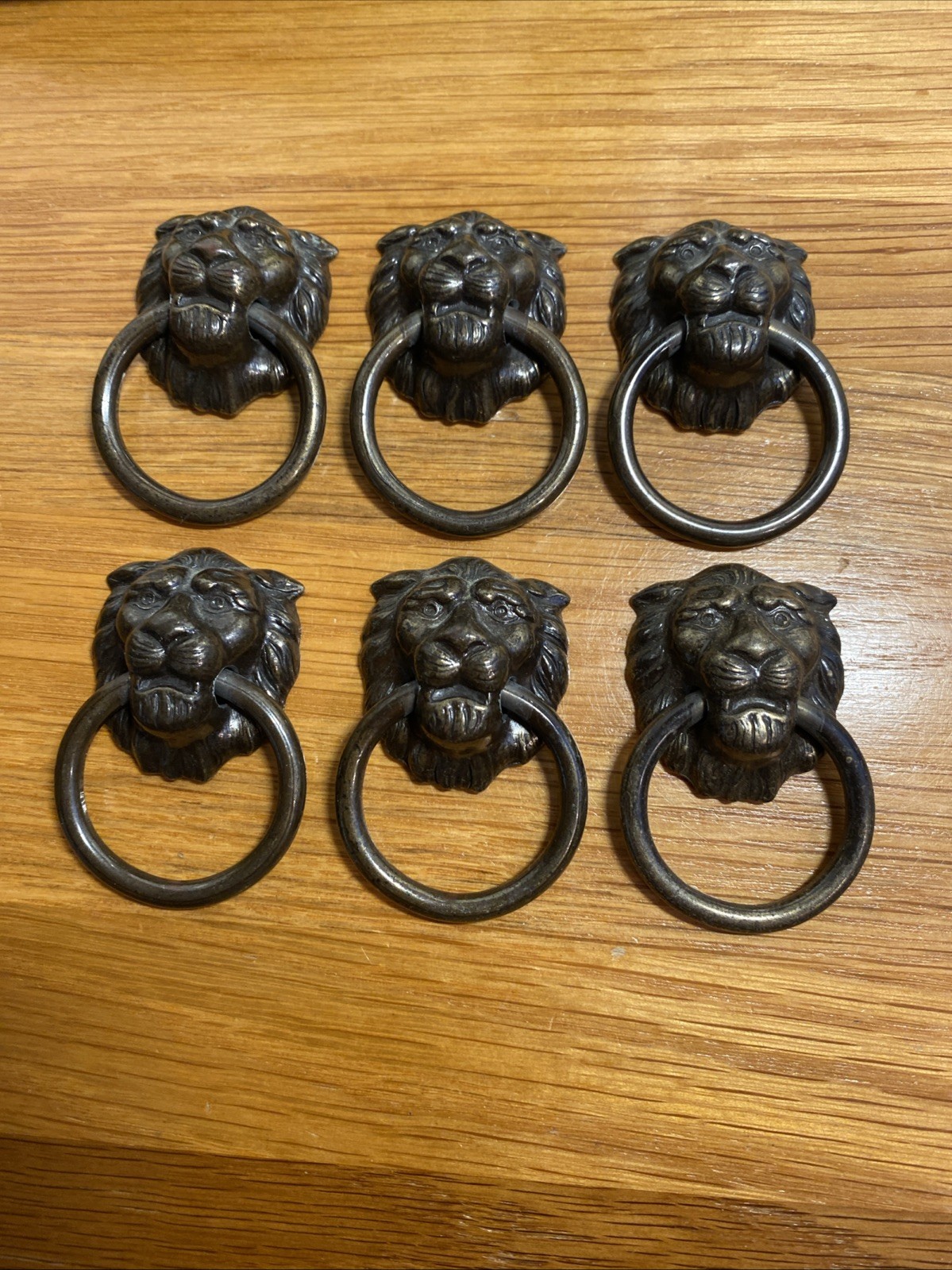 Lot of 6 Ornate Antique Vintage Lion Head Ring Drawer Knobs Pulls