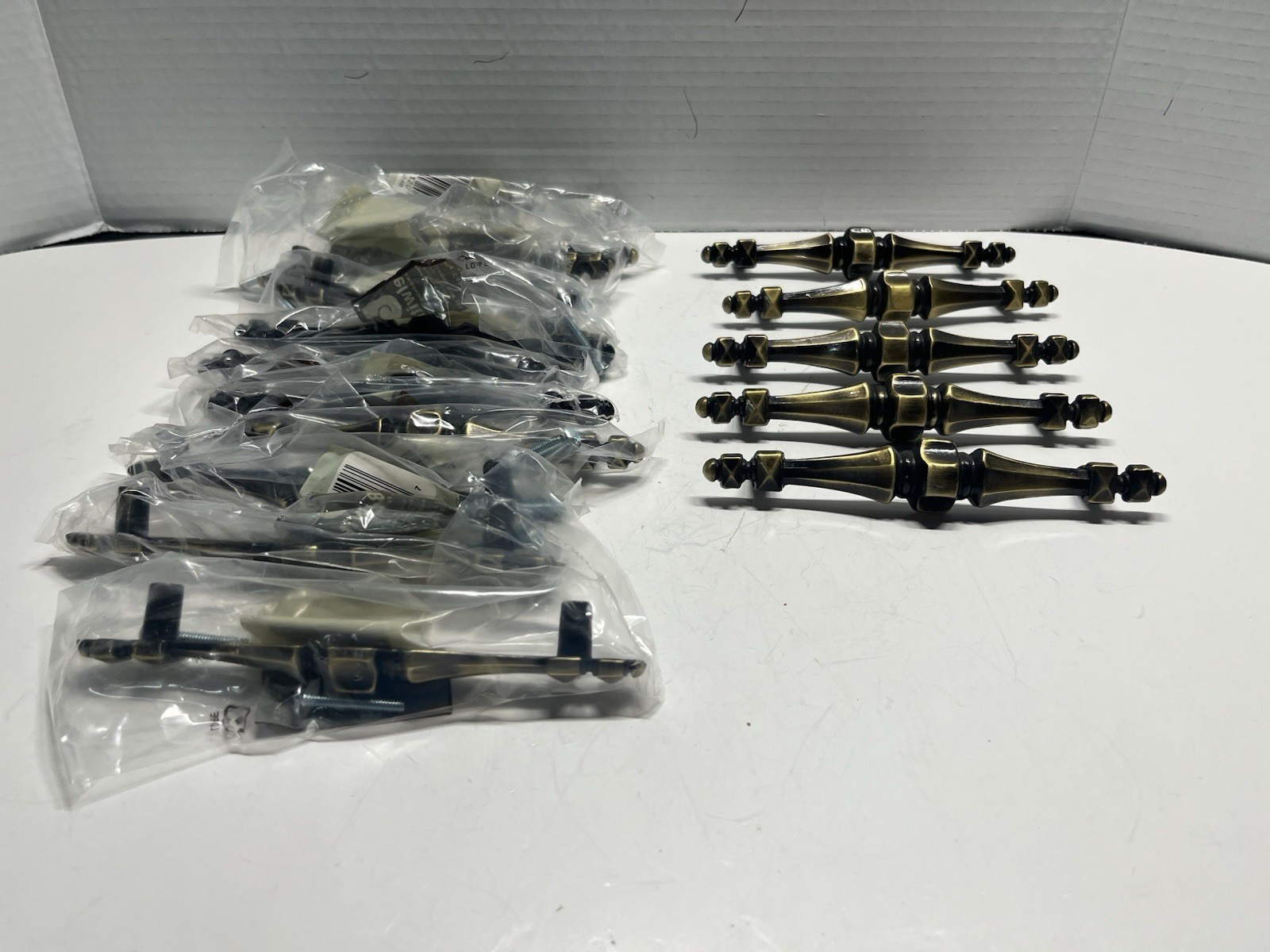 Vtg.Lot (17)NOS Belwith Classic Spindle Antique Brass Fixed Drawer/Cabinet Pulls