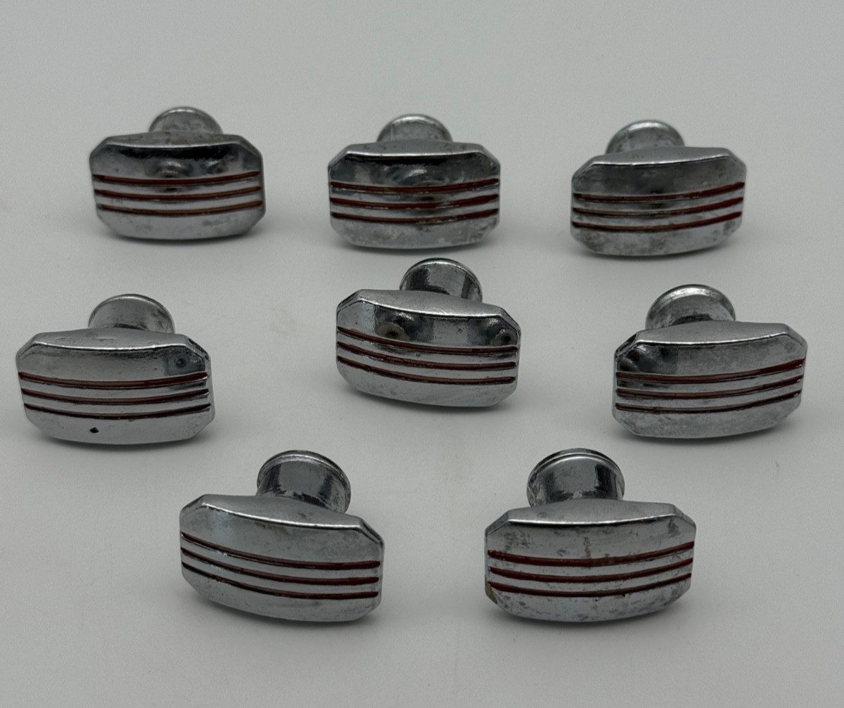 Set Lot 8 Vintage Amerock Chrome Cabinet Drawer Pull Knobs 1.25″ Red Stripe MCM