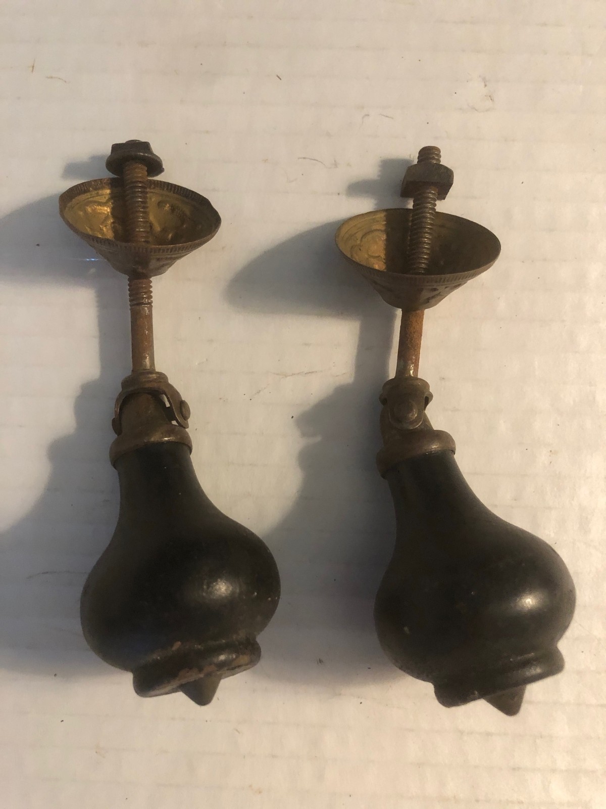 2 Antique? Victorian Brass & Black Ebony Wood Tear Drop Drawer Pulls Hardware