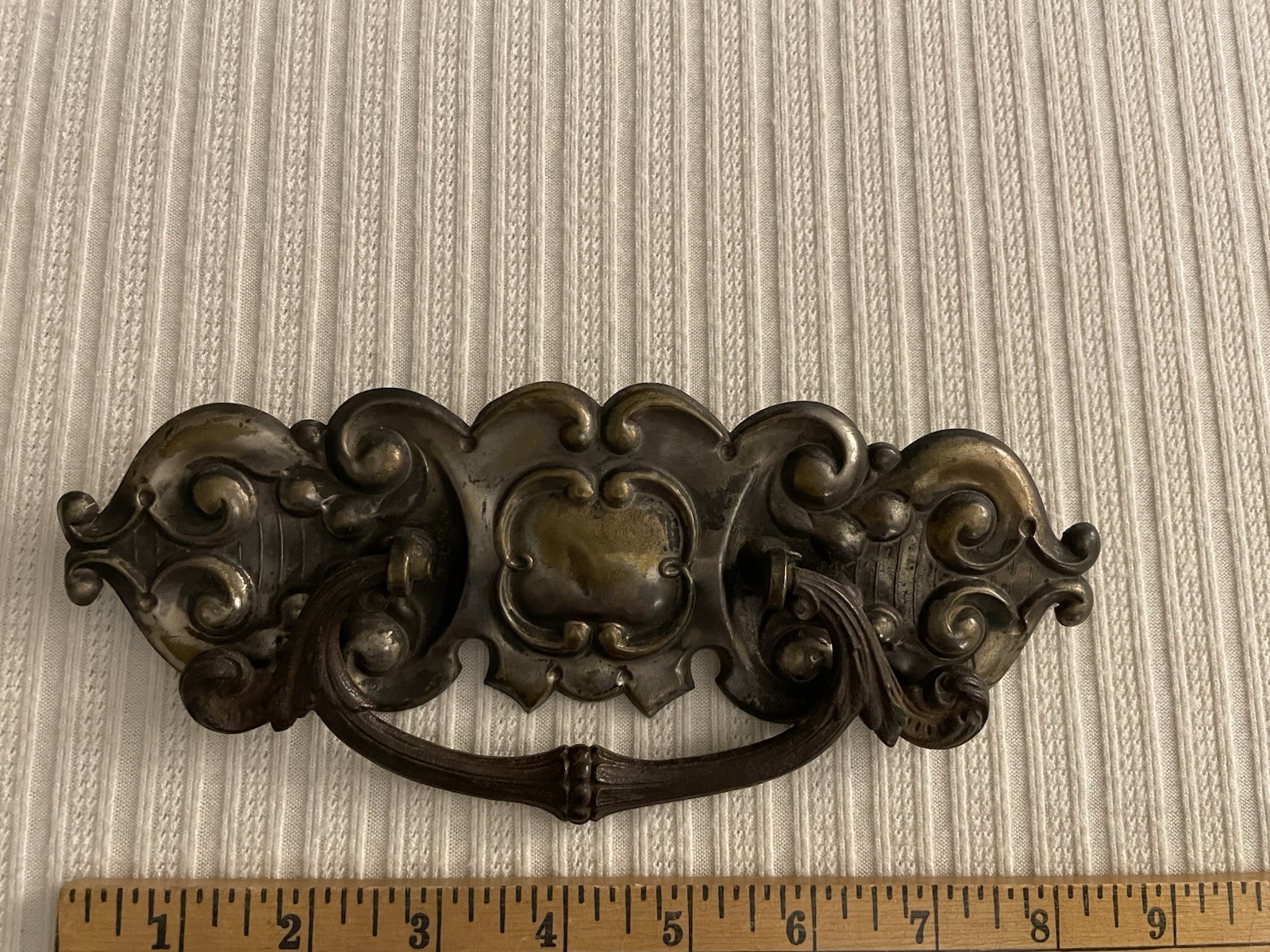 Ornate Victorian style door pull, pot metal, patina, rusted, bail pull