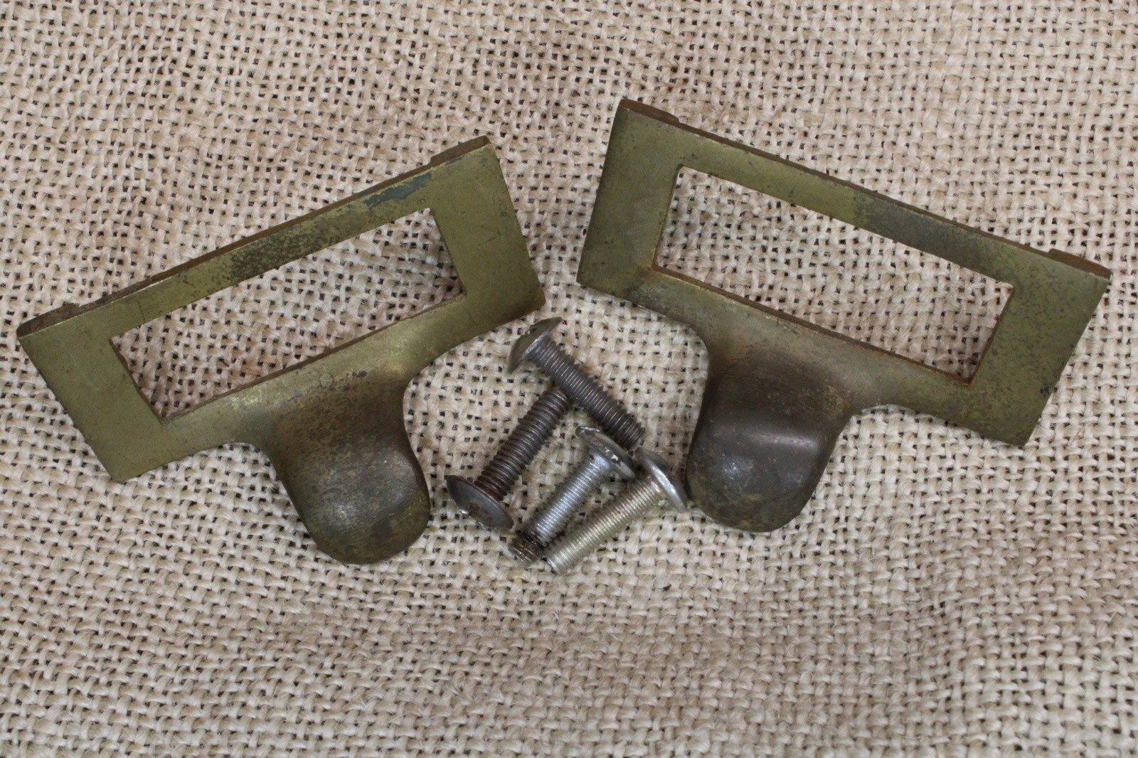 2 File Drawer Pulls Brass Handles Finger Tip Index Card Catalog Holder Vintage