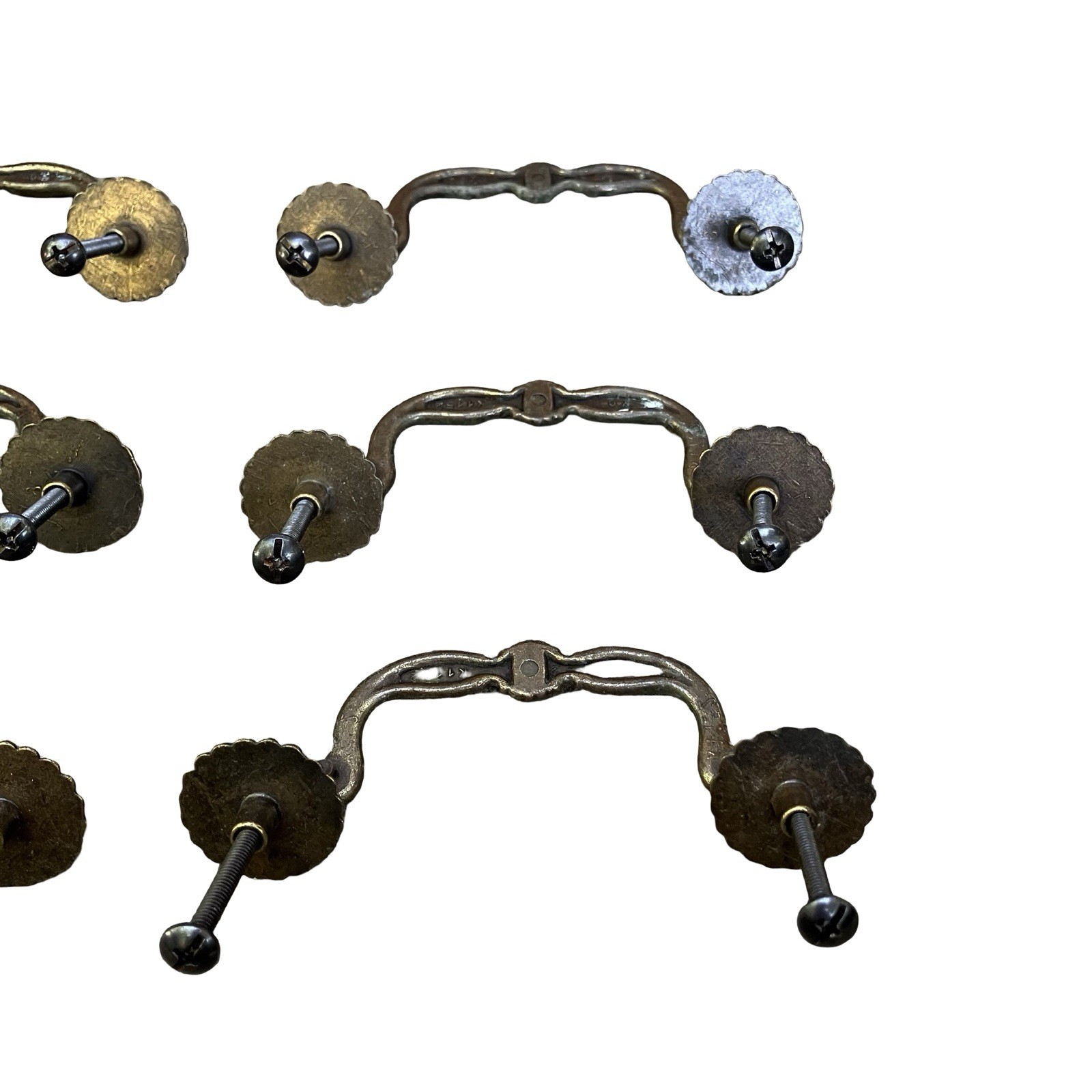 VTG YC Brass Bail Drop Drawer Pulls Rosette Set Of 6 Reclaimed Cabinet Handles
