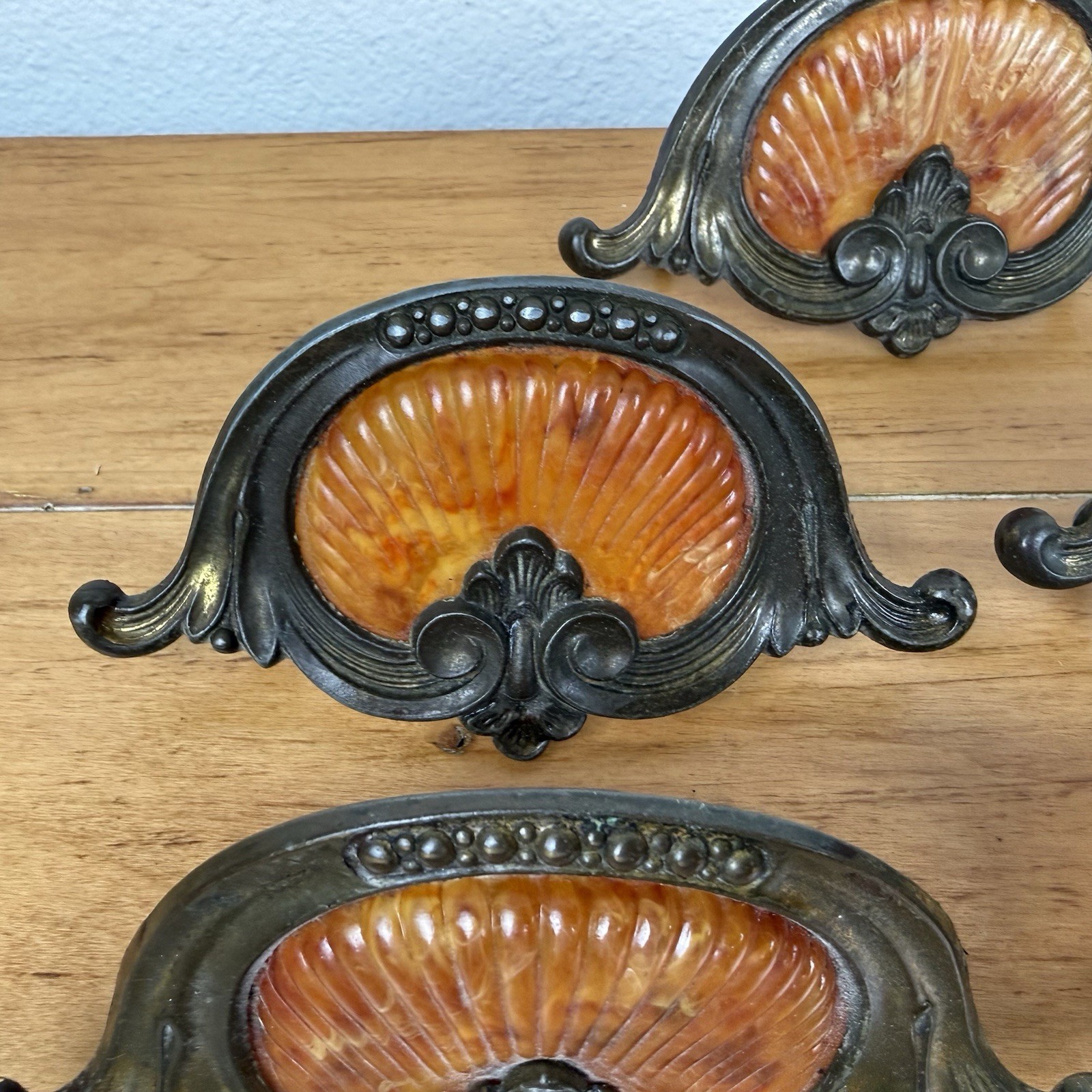 5 Vintage 1930’s-1940’s Keeler Art Deco Celluloid & Brass Original Drawer Pulls