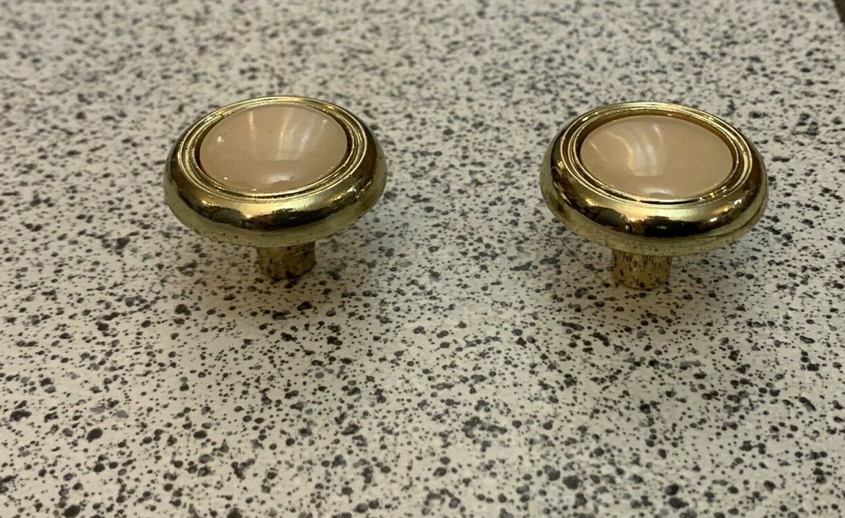2 Knobs Beige Ceramic Brass Round Pulls Cabinet Drawer Heavy Mid Century Vintage