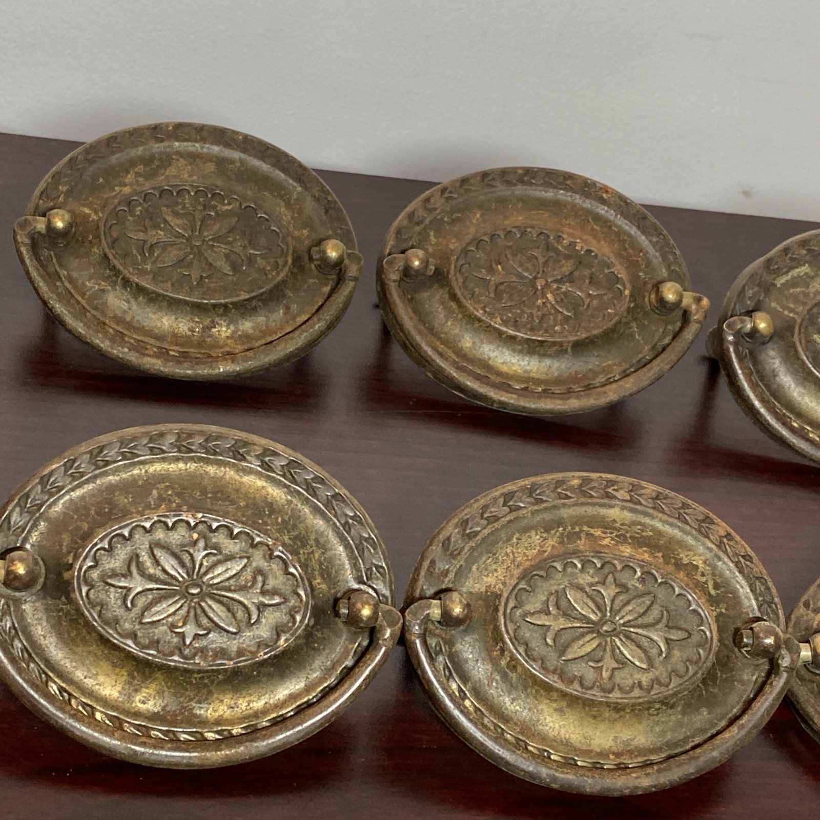 2.5” Hepplewhite Drop Bail Oval Antique Brass Plated 12 Vtg drawer Pulls handles