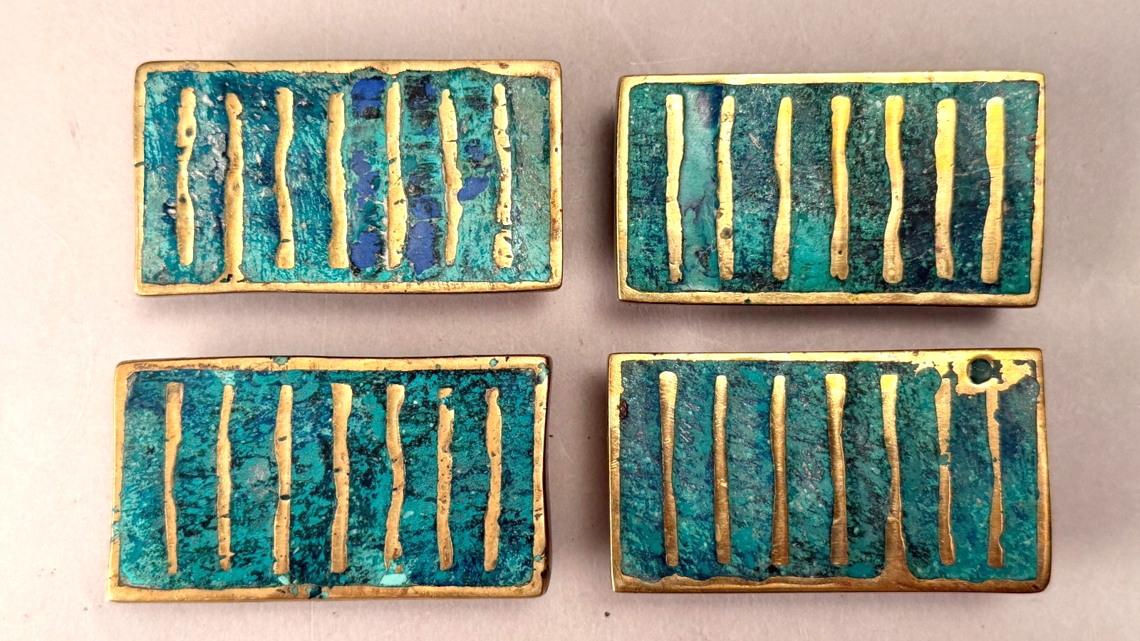 VINTAGE PEPE MENDOZA MID CENTURY MODERN 1958 4 DRAWER PULLS -MALACHITE AND BRASS