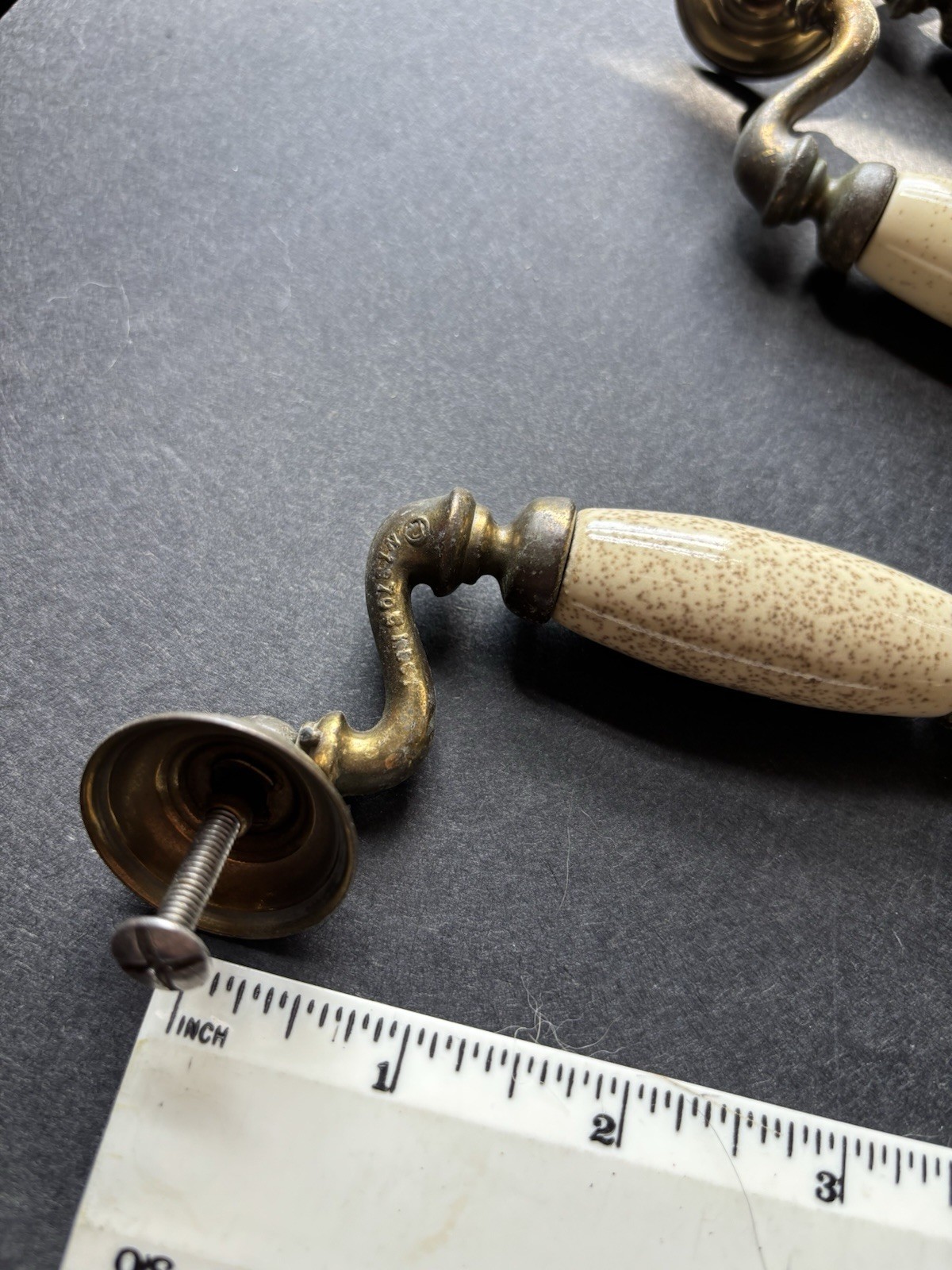 Brass And Porcelain Drawer Handles 4 1/2 Inch 6 Handles 3 Knobs Vintage Pulls