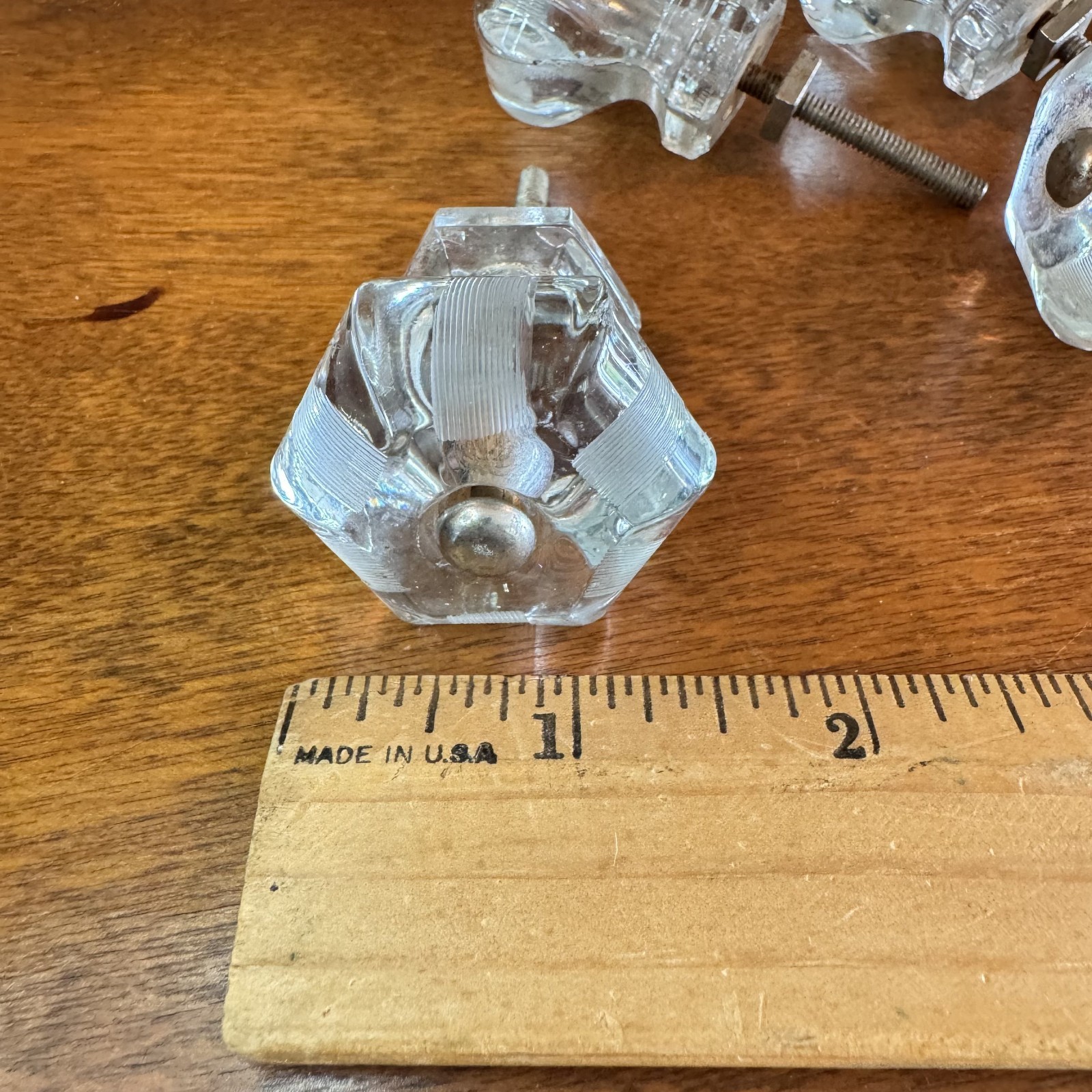 Set of 4 Vintage Hexagon Etched Lined 1.5 in. Glass Drawer Cabinet Knob