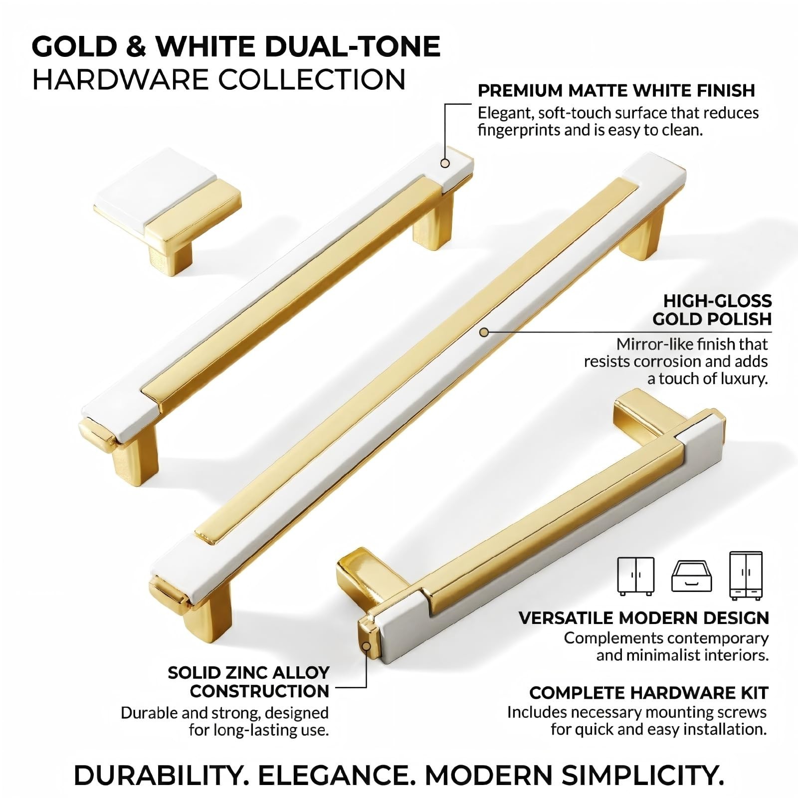 10 Pack White Gold Cabinet Pulls & Handles, 3.7 Inch Hole Center | Bright mod…