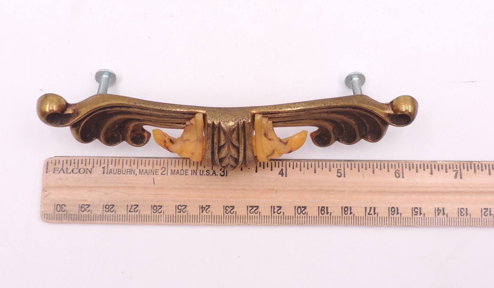 2 Art Deco Drawer Pull w/ Bakelite Vintage Knob Brasstone Waterfall Handle Set