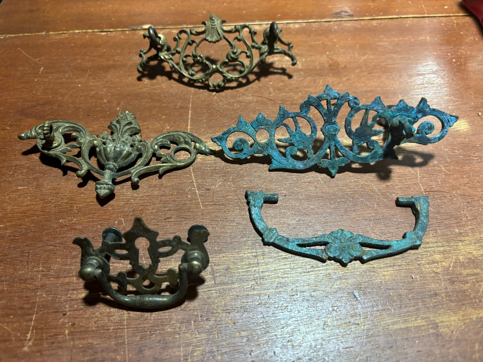 Lot of 4 Mixed Ornate Vintage Metal Drawer Backplates two with Pulls