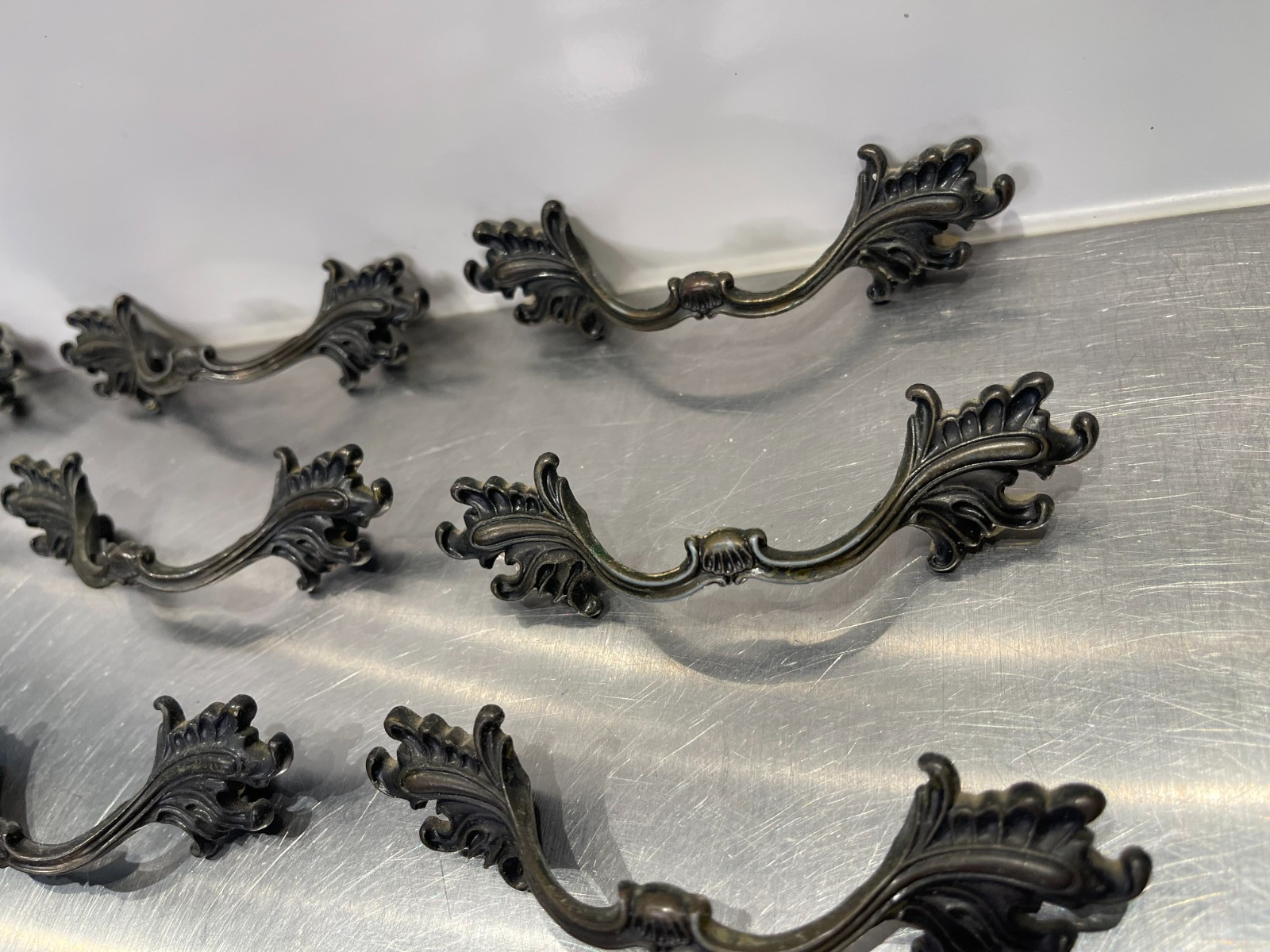 12 Used Vintage French Provincial Drawer Pulls Ornate Leaves 3” Allison Japan