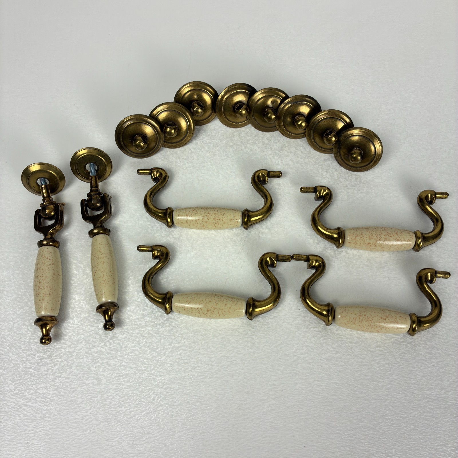 Vintage Brass Cream Speckled Ceramic Drawer Pulls Hardware Lot of 6
