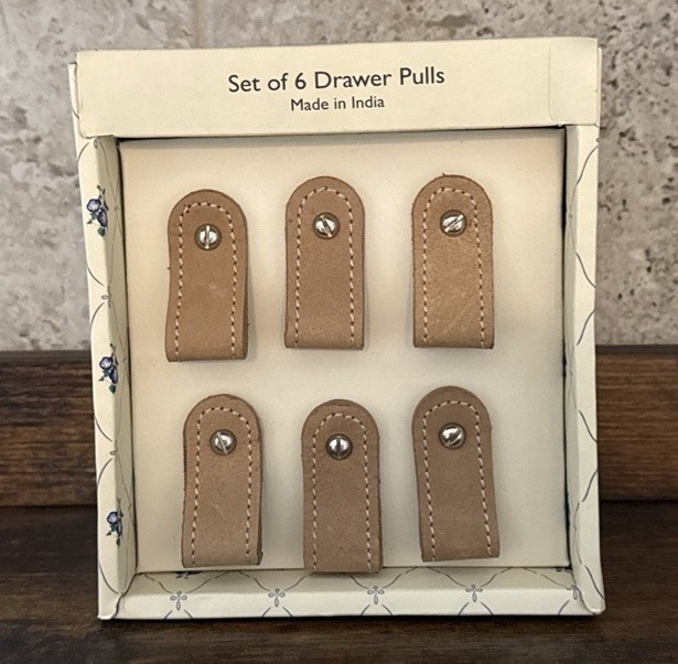 Set of 6 Beige Leather Drawer Pulls Made in India Metal Hardware
