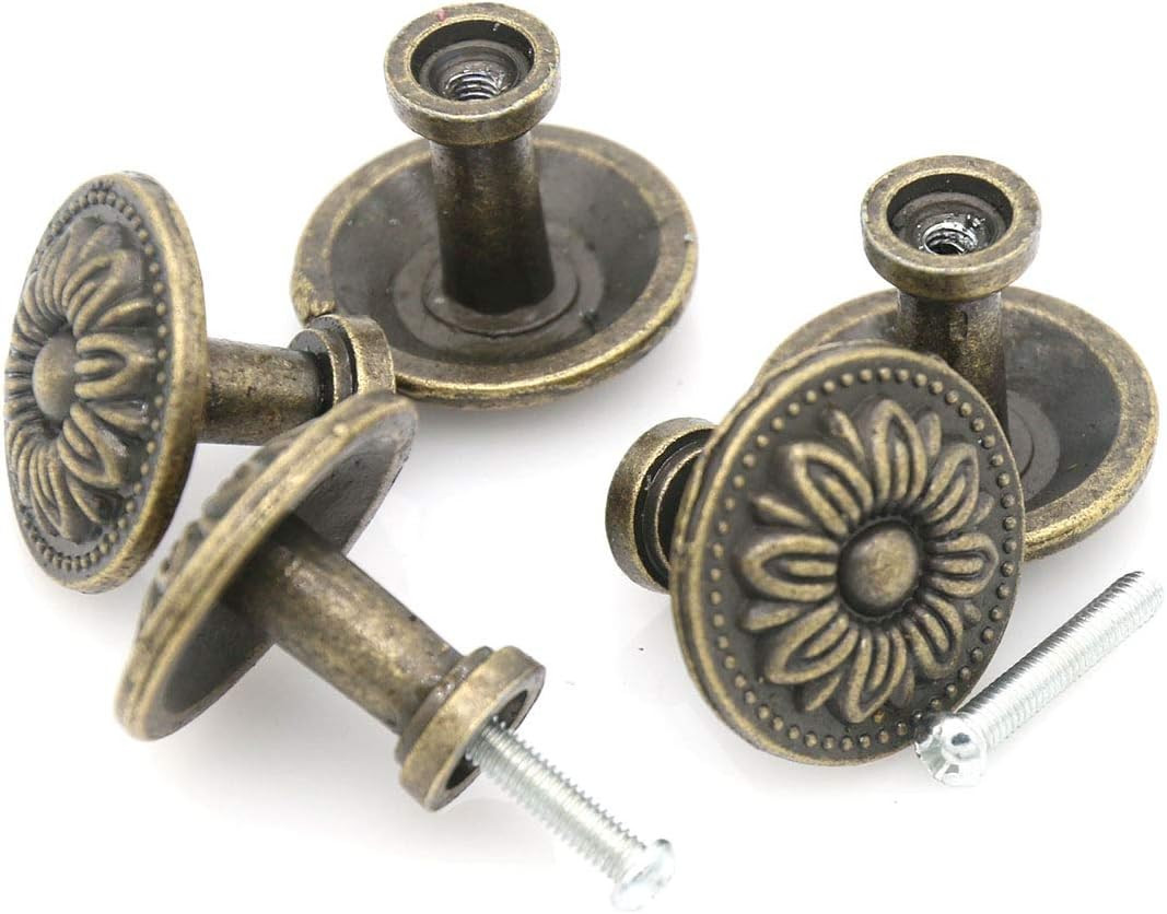 8 Pack Vintage Antique Brass Cabinet Knobs Drawer Pull Handles Flower Design