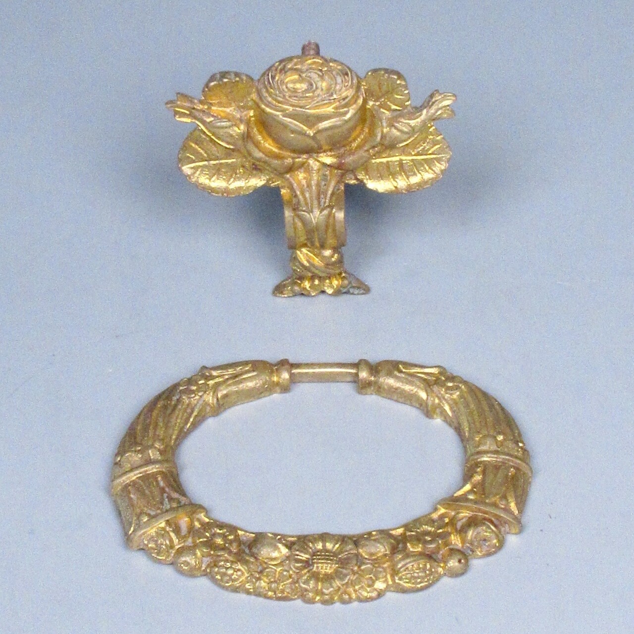 Antique French Gilded Bronze Drawer Pull, Flowers, Roses, Cornucopia
