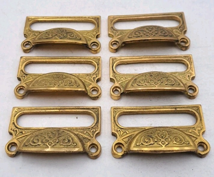 Card Label Bin Pulls Drawer Pull Handle Cast Brass Antique Reproduction Set of 6