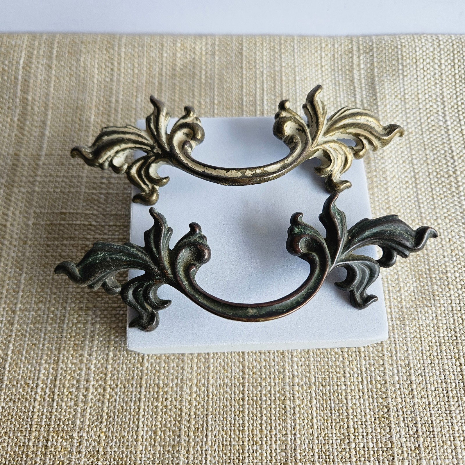 French Provincial Bail Drop Drawer Pulls Pair Antique Brass Patina Ornate M1676