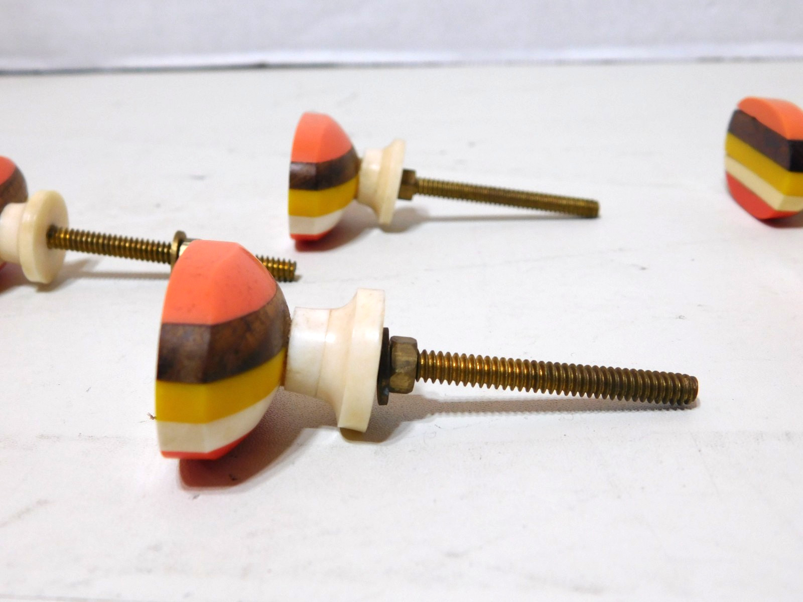 5 MCM Drawer Pulls Oval 1.5″x1″ Red White Yellow Wood Orange Plastic Oval