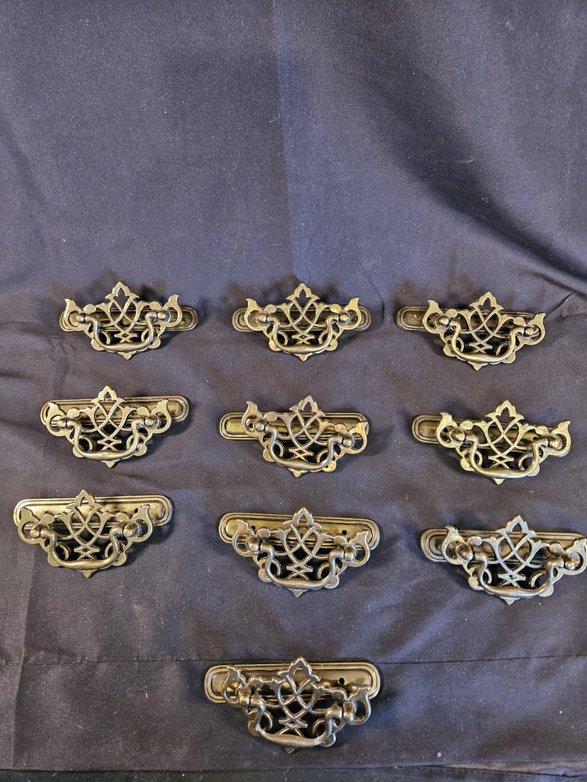 Lot 10 Vintage Fancy Ornate Pierced Brass Drawer Pulls Traditional Batwing NICE