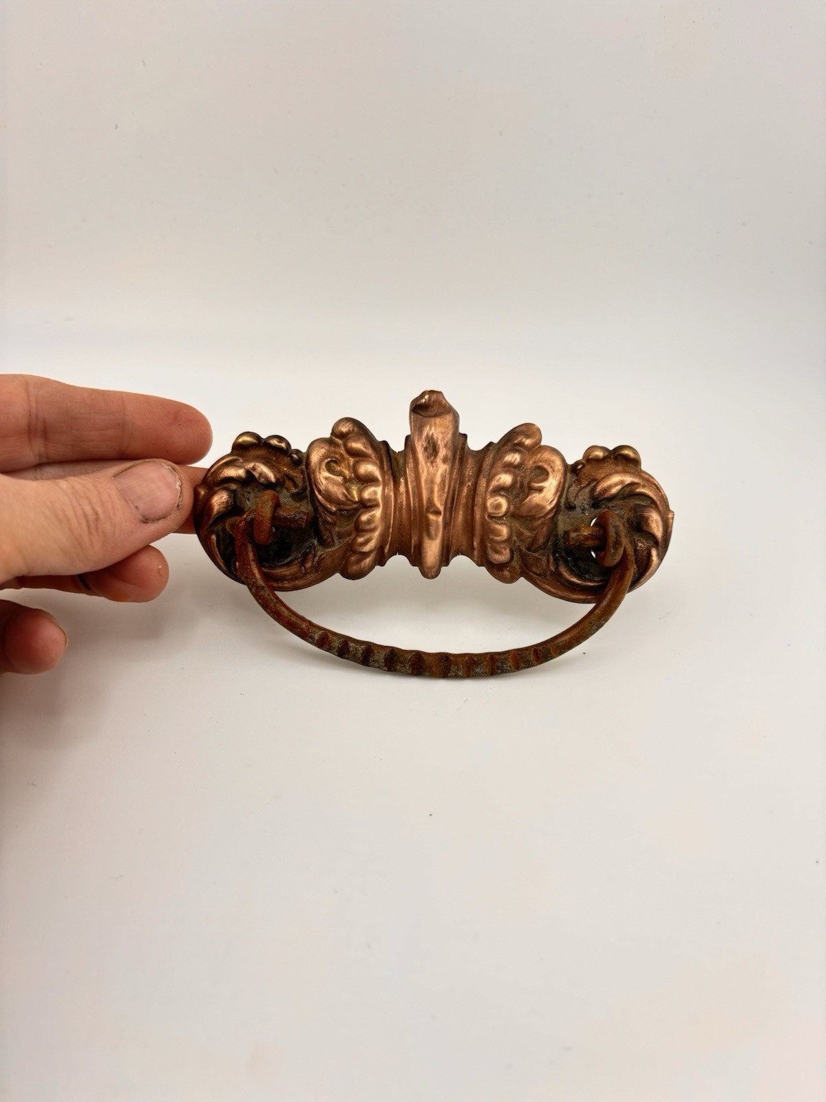 Victorian-Style Ornate Brass Bail Drop Drawer Pull Shield Backplate Antique