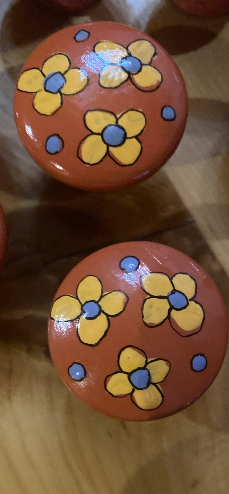 13 Wood drawer pulls/knobs Orange & Yellow & Blue 1” NOS