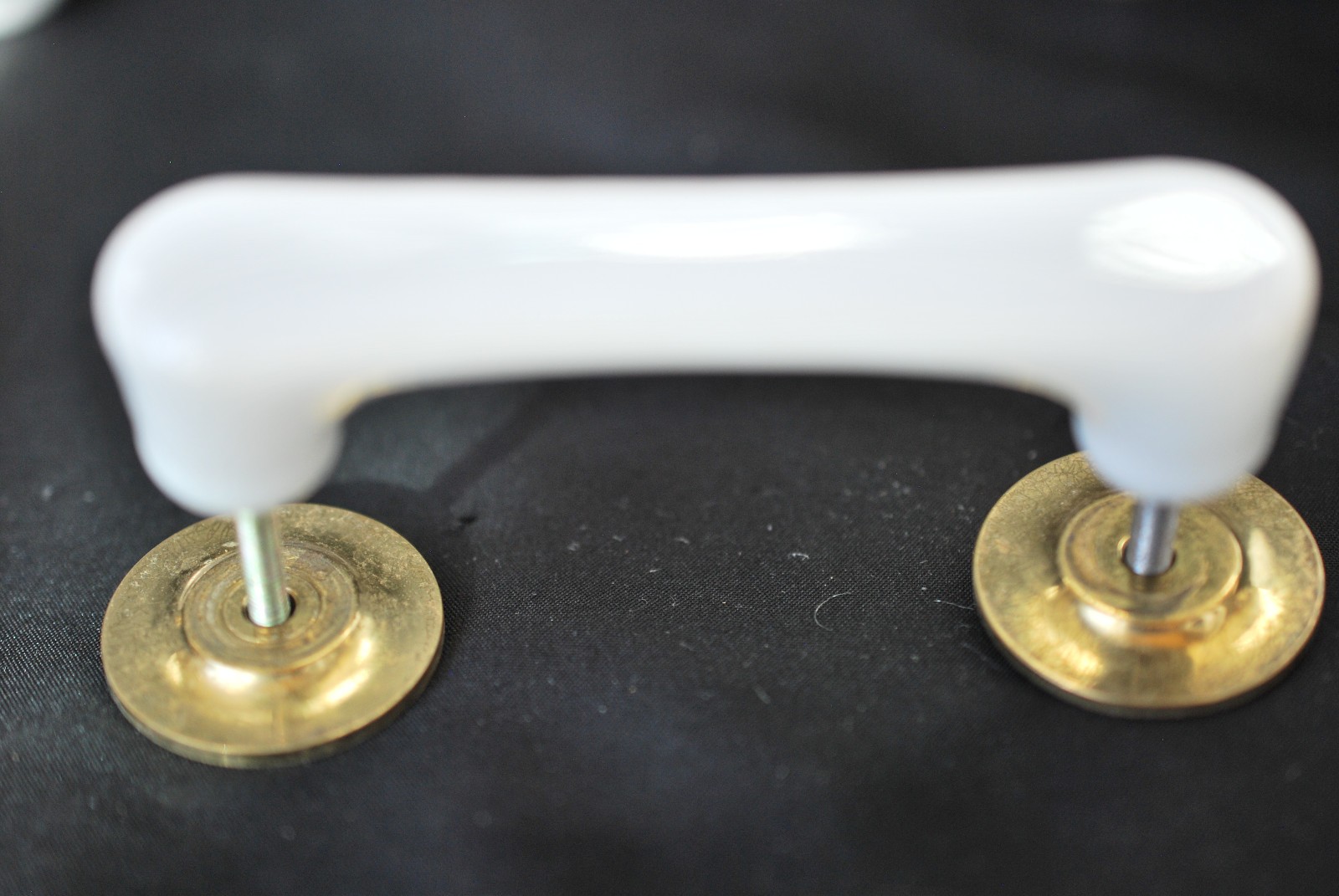 Lot of 8 Vintage White Heavy Ceramic Drawer Pulls With Sturdy Brass Eschutcheons