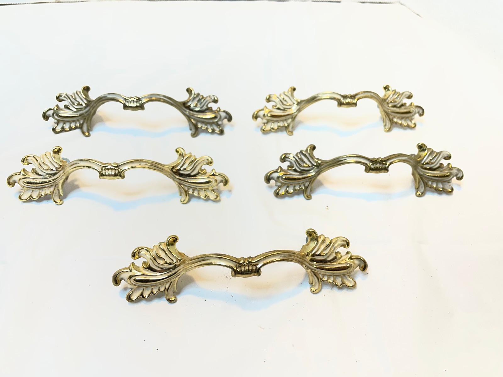 Vintage Ajax 990 Drawer Pulls Handles Scroll White Gold Ornate – Lot of 5