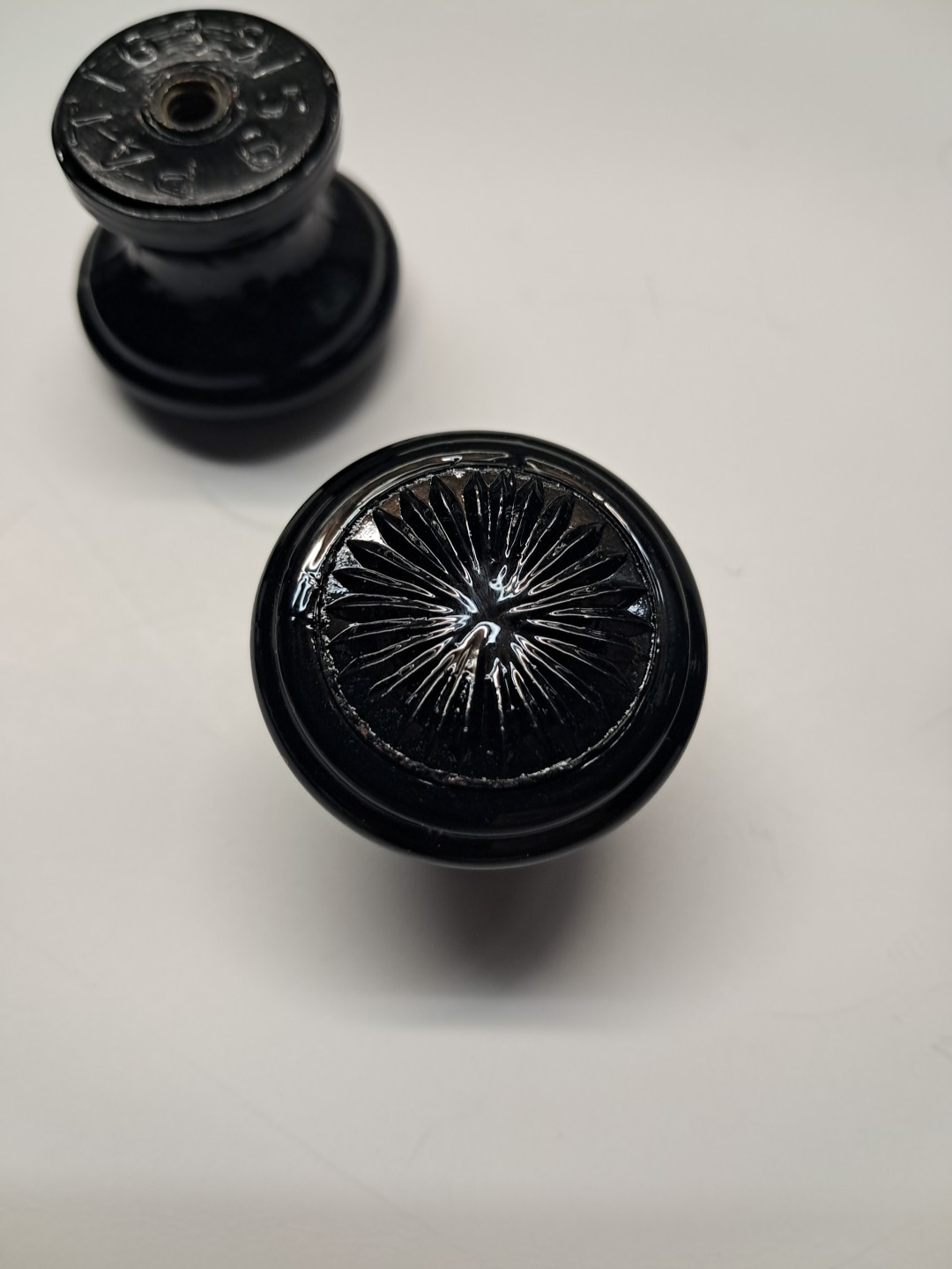 Set of 6 Antique Black Glass Cabinet Knobs Sunburst Art Deco 1920s Pat 1639159