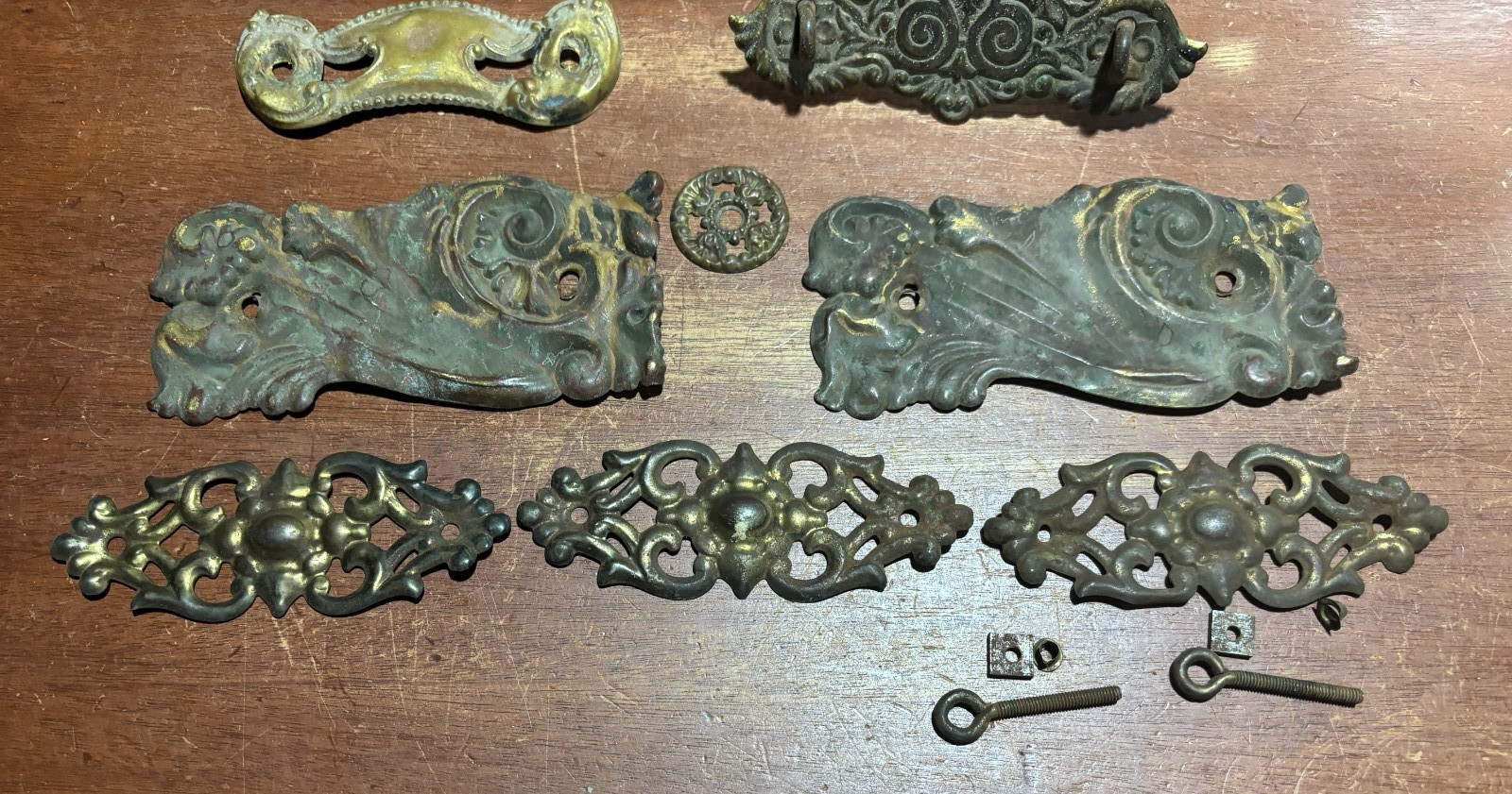 Lot of 9 Mixed Ornate Vintage Pressed Metal Drawer Backplates one with Pull